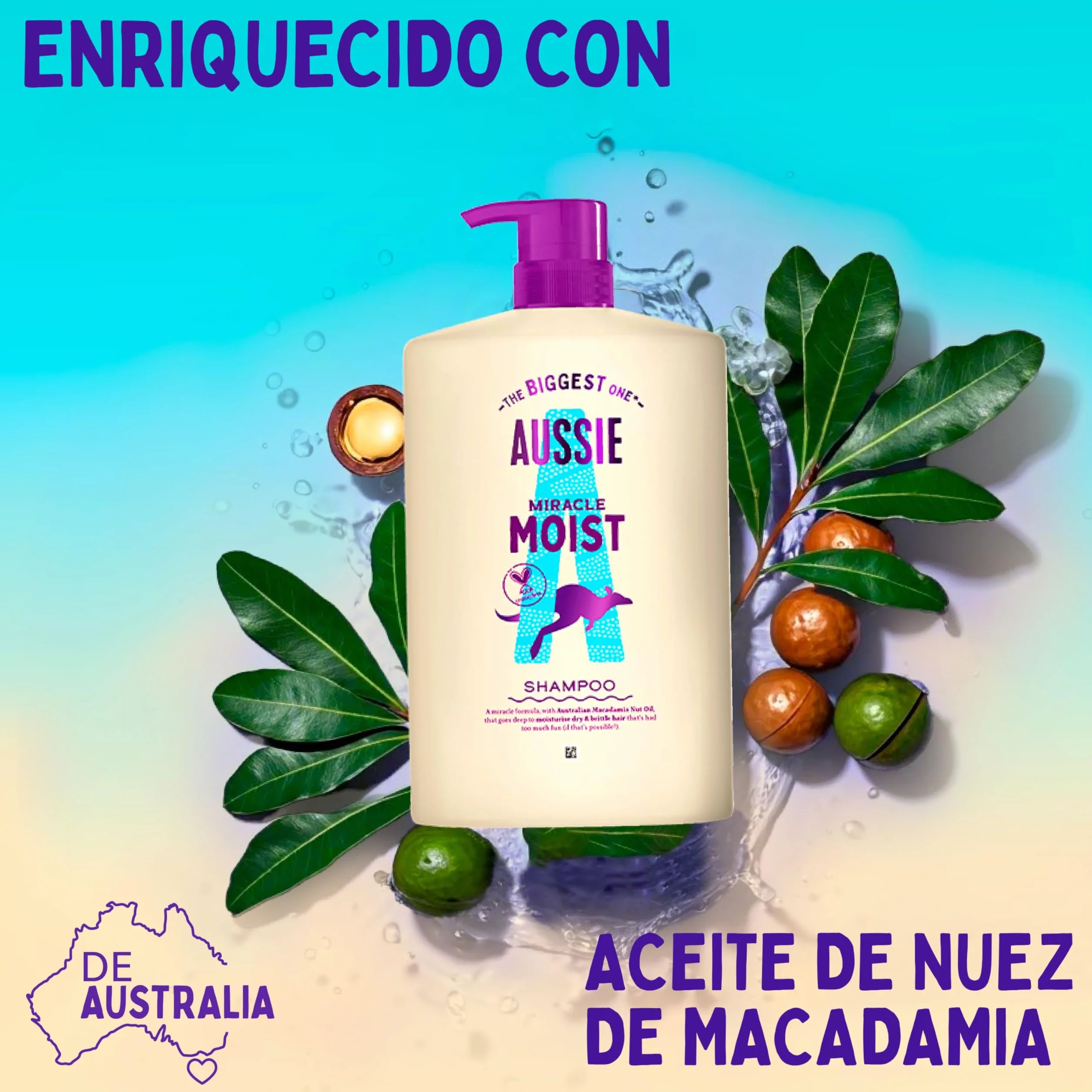 Aussie Miracle Moist Champú 1000ml Hidratante para Cabello Quebradizo y Seco con Aceite de Nuez de Macadamia