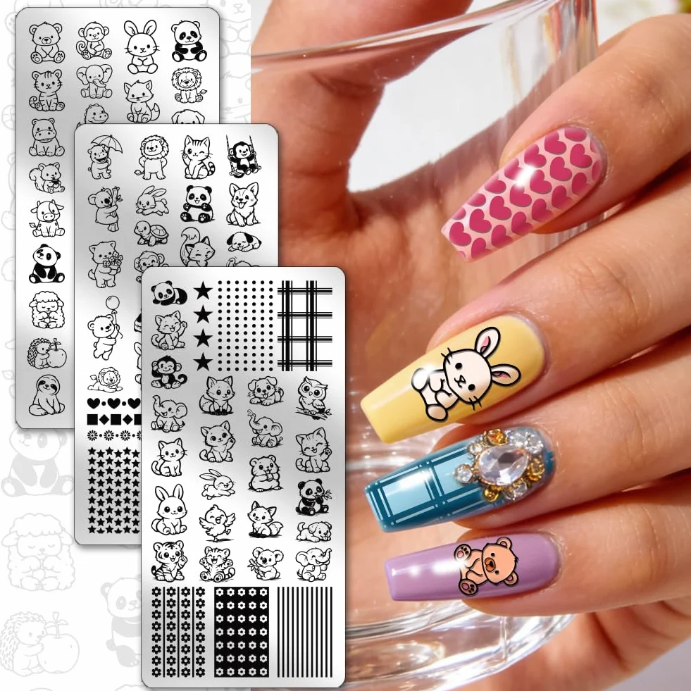 PH PandaHall 3 placas de estampado de uñas animales lindos oso mono panda pingüino gato plantillas acero inoxidable
