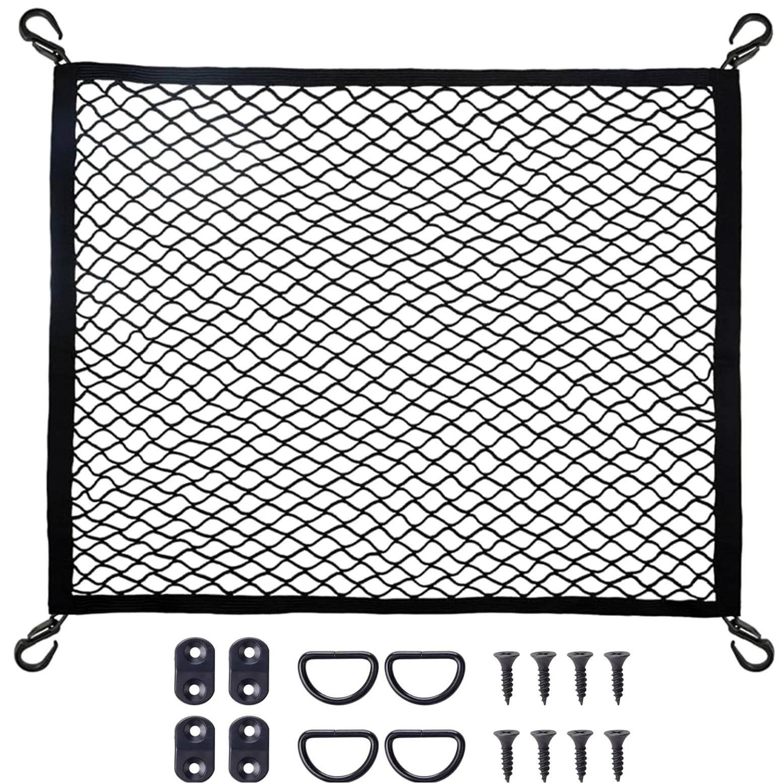Red de carga para SUV con ganchos, red organizadora de almacenamiento ajustable altamente elástica para coche, camionetas, organizador de malla de 2.6 x 2 pies, se estira hasta 5 x 4 pies, esencial