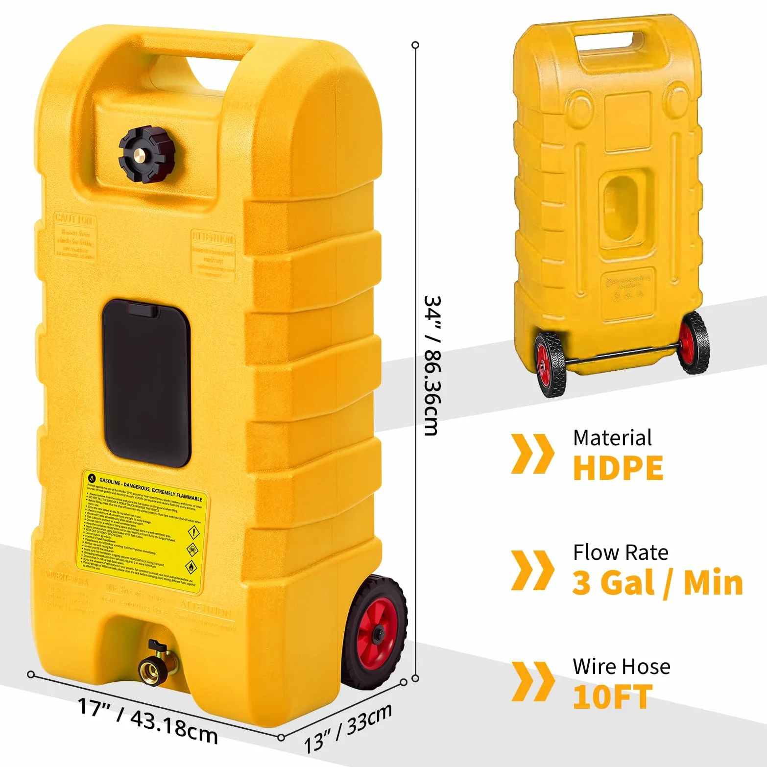 Bidón de combustible móvil con ruedas | Depósito de combustible HDPE con manguera de 10 pies, válvula de latón y pistola de combustible, bidón de gasolina, apto para coche, barco, ATV, cortacésped