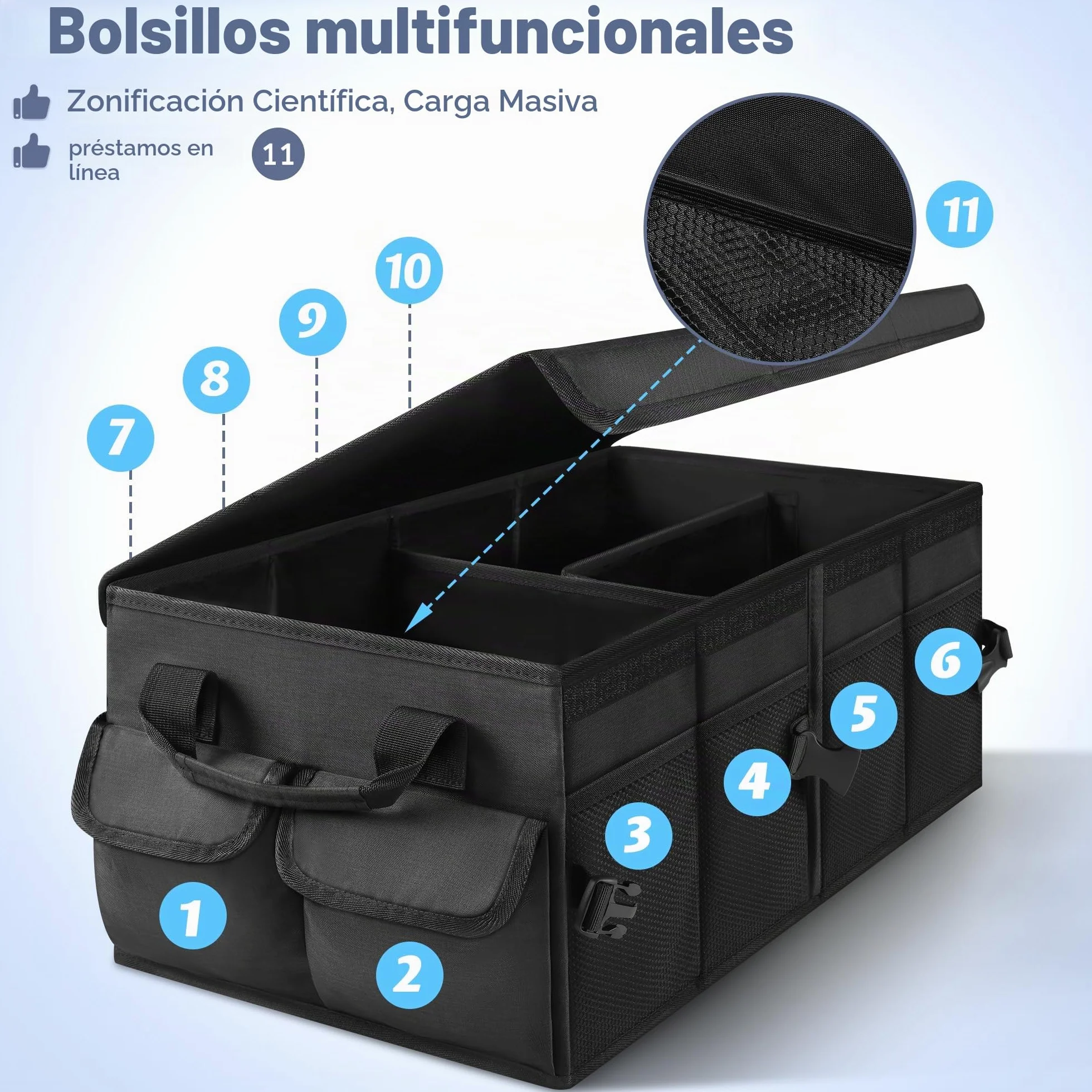Organizador de maletero, bolsa plegable para maletero con tapa, organizador de maletero para automóvil con divisores extraíbles, equipado con base antideslizante y cierre de velcro, bolsillos