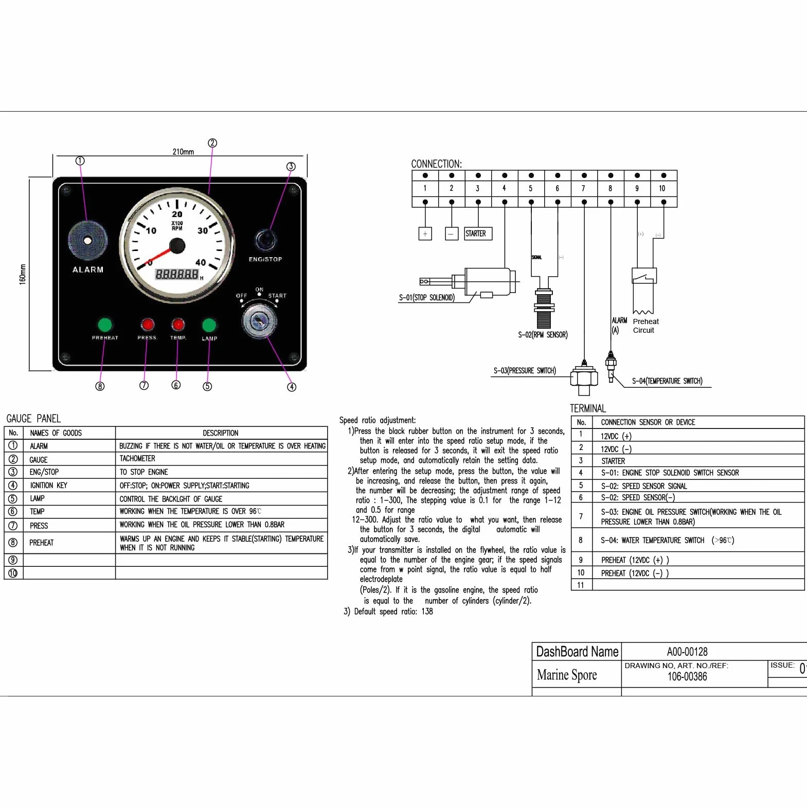 Dilwe Panel de Instrumentos para Barcos, Panel de Tacómetro de Tablero Marino de Acero Inoxidable 316L de 0 a 4000 RPM IP67 a Prueba de Agua con Contador de Horas, Alarma, Parada de Inicio para