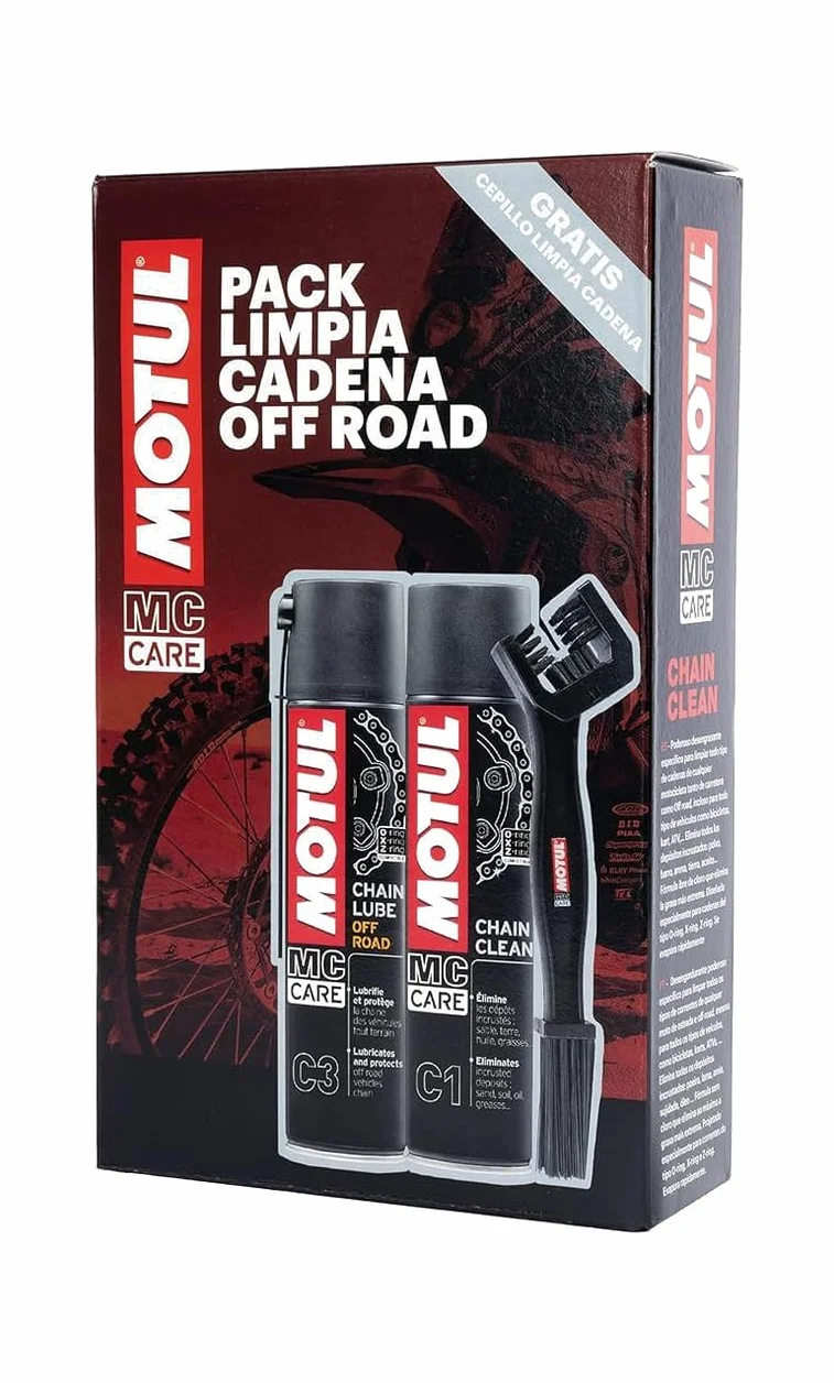 Kit limpiador lubrifica cadena Motul Chain Clean C1 + Motul C3 Chain Lube Off Road + Cepill