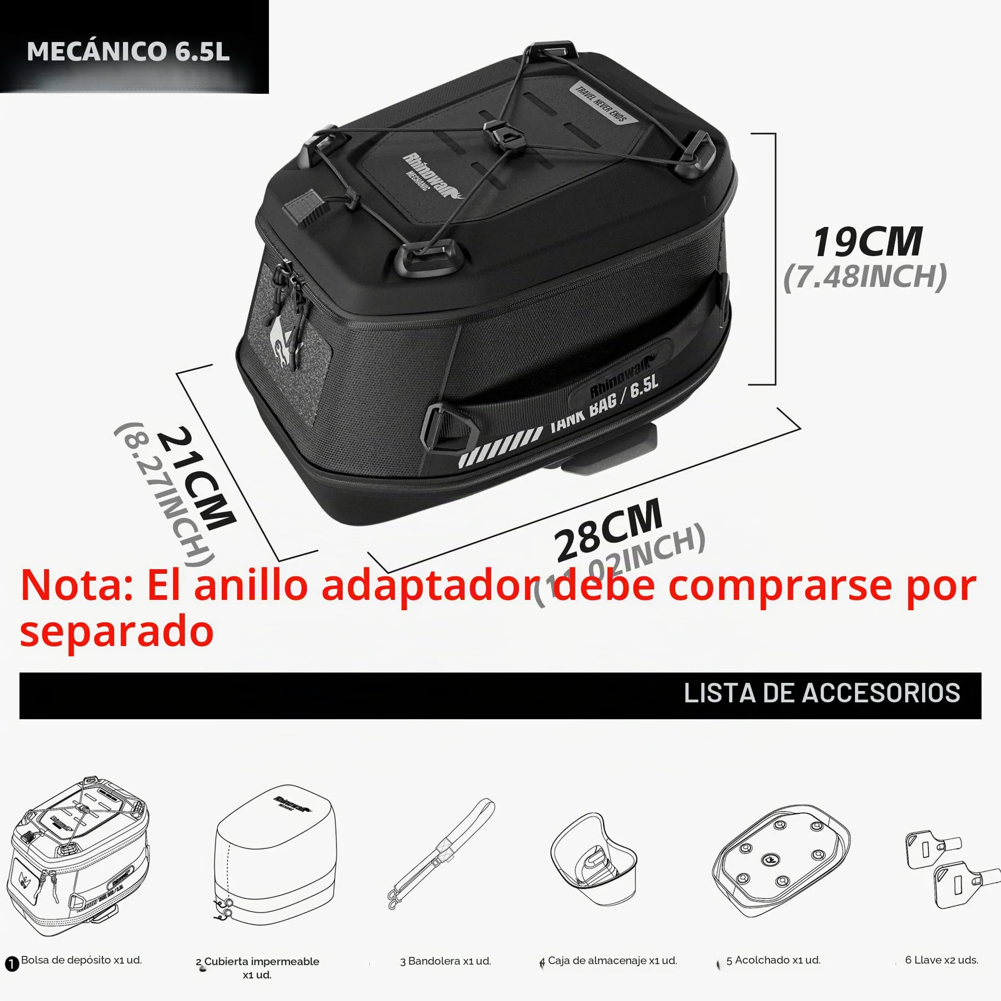 Rhinowalk Bolsa de depósito para moto 5 L-6,5 L con fuerte liberación rápida magnética, bolsa de depósito magnética con cubierta impermeable, apta para Harley Davidson, Indian, Honda, Yamaha, Suzuki y