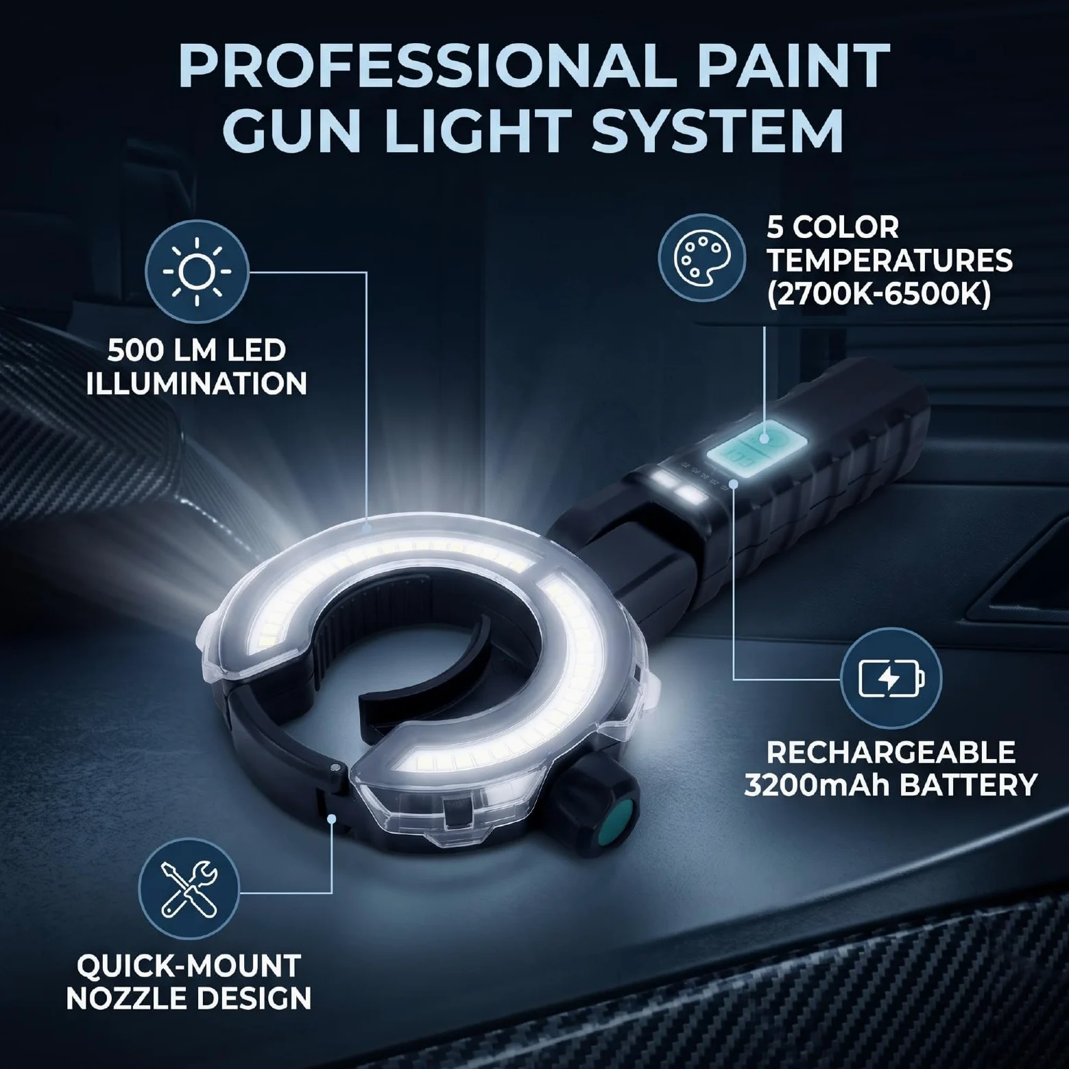 Luz de Pistola de Pintura, Lámpara de Pulverización LED de 500 LM | Luz de Trabajo con Carcasa de Aluminio, 2700K a 6500K y 250 500 LM, Recargable por USB C de 3200 MAh, Se Adapta a Boquilla