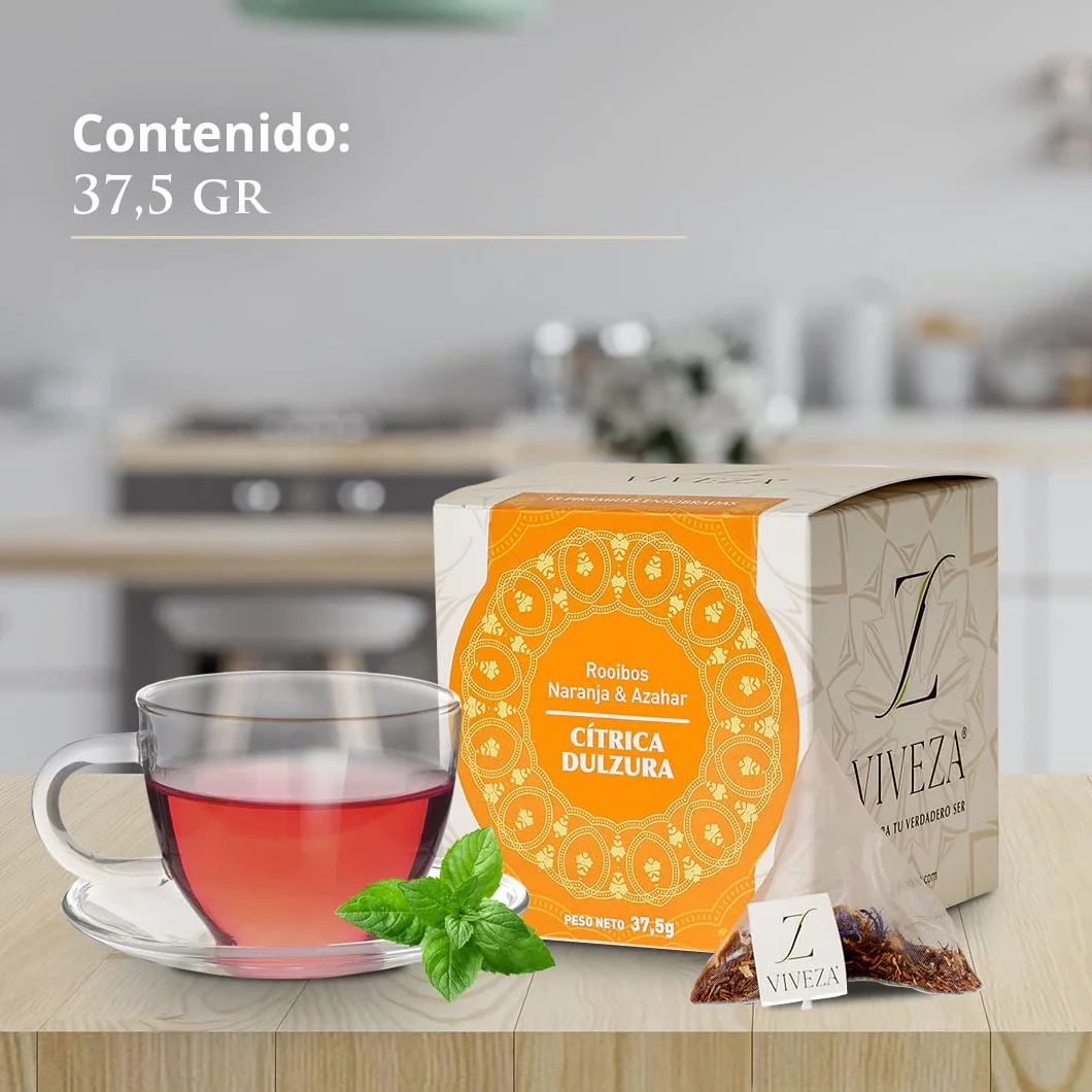 Viveza Cítrica Dulzura Infusión Rooibos con Naranja y Azahar Sin Teína Caja 15 Pirámides 37,5 gr