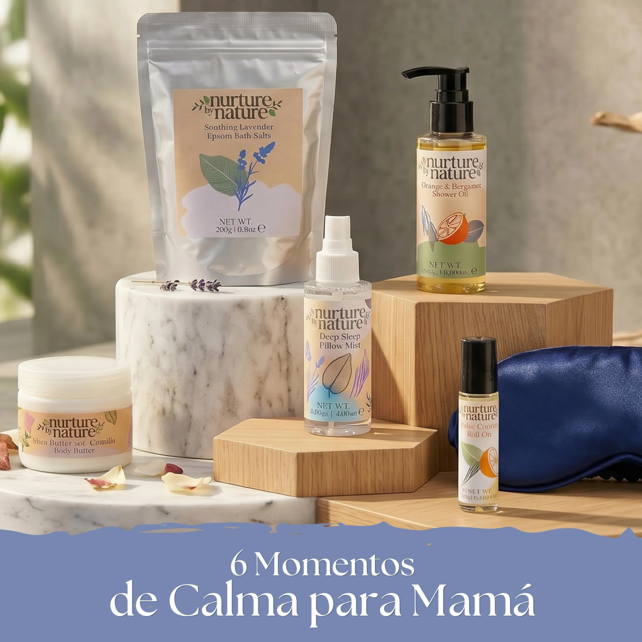 Nurture by Nature Regalos para mamá Manteca corporal Aceite de ducha Roll-on aceite esencial Sales de baño Epsom Máscara de seda para ojos Embarazo