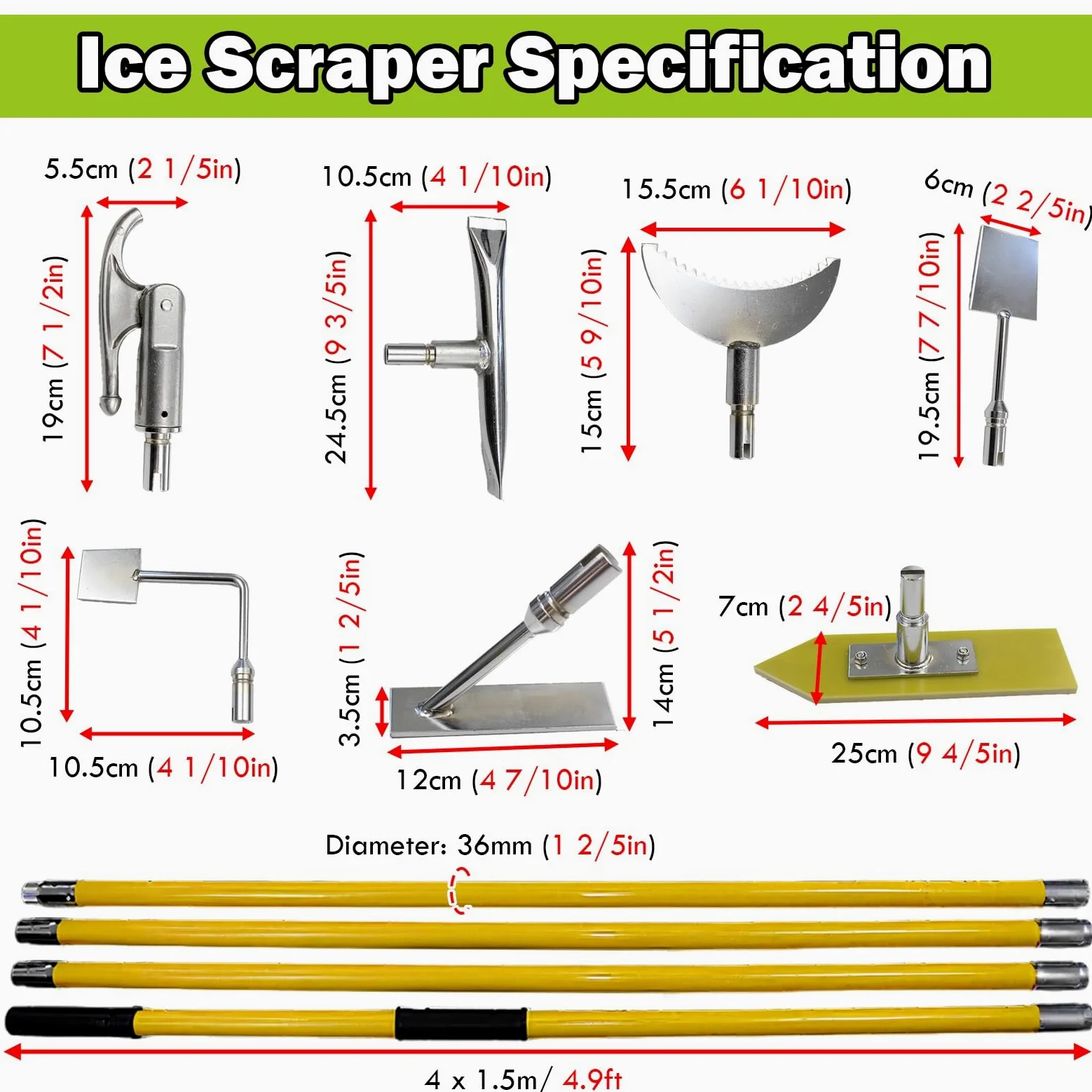 AMUFJJ rascador de Hielo Kit De Rascador Hielo Portátil con Aislamiento para Nieve, Palo Fibra Vidrio Extraíble 6 M, Herramienta para Eliminar, Y Escarcha, Equipo