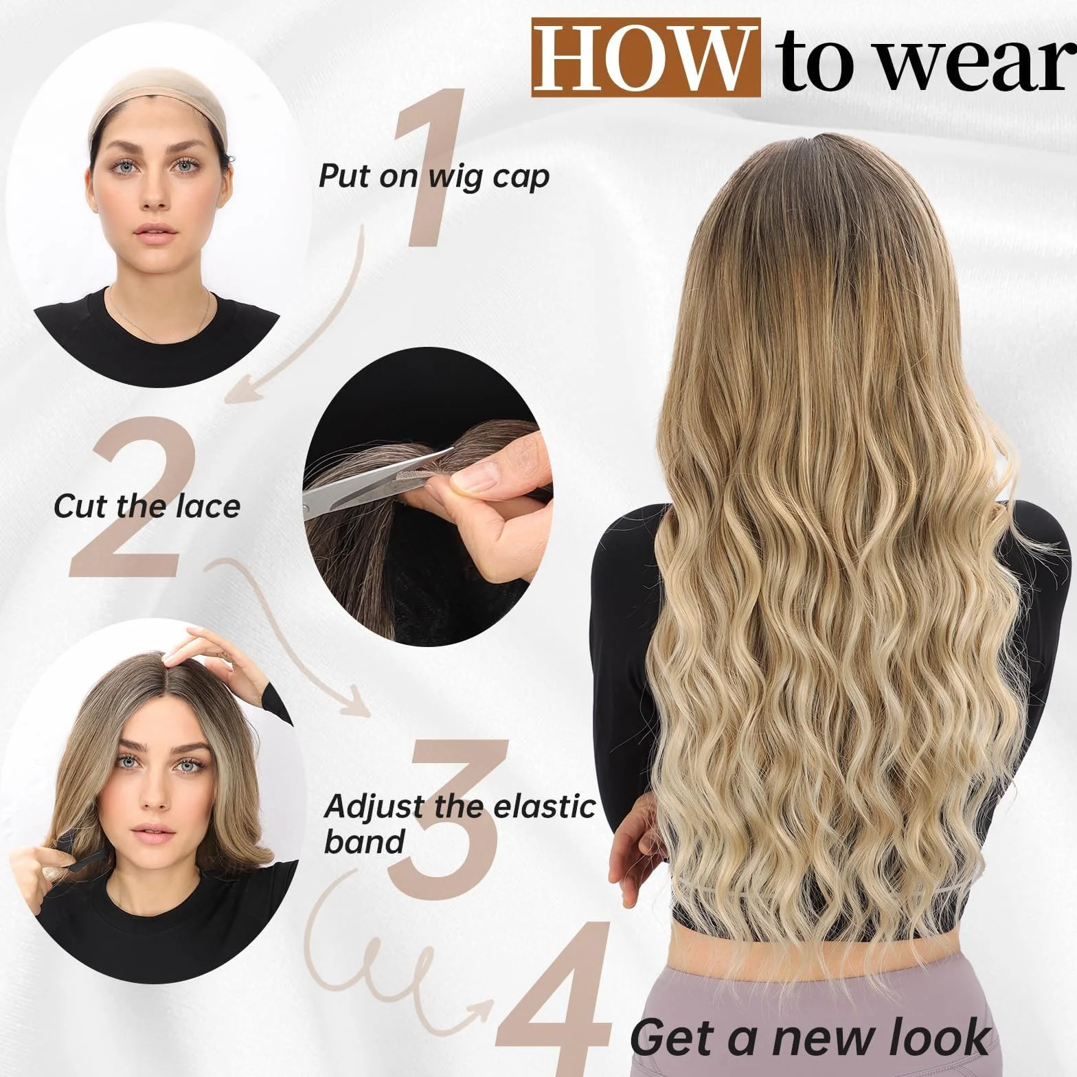 Peluca Sintética de Onda Natural Larga Ombre Marrón a Dorado para Mujer Carnaval Cosplay