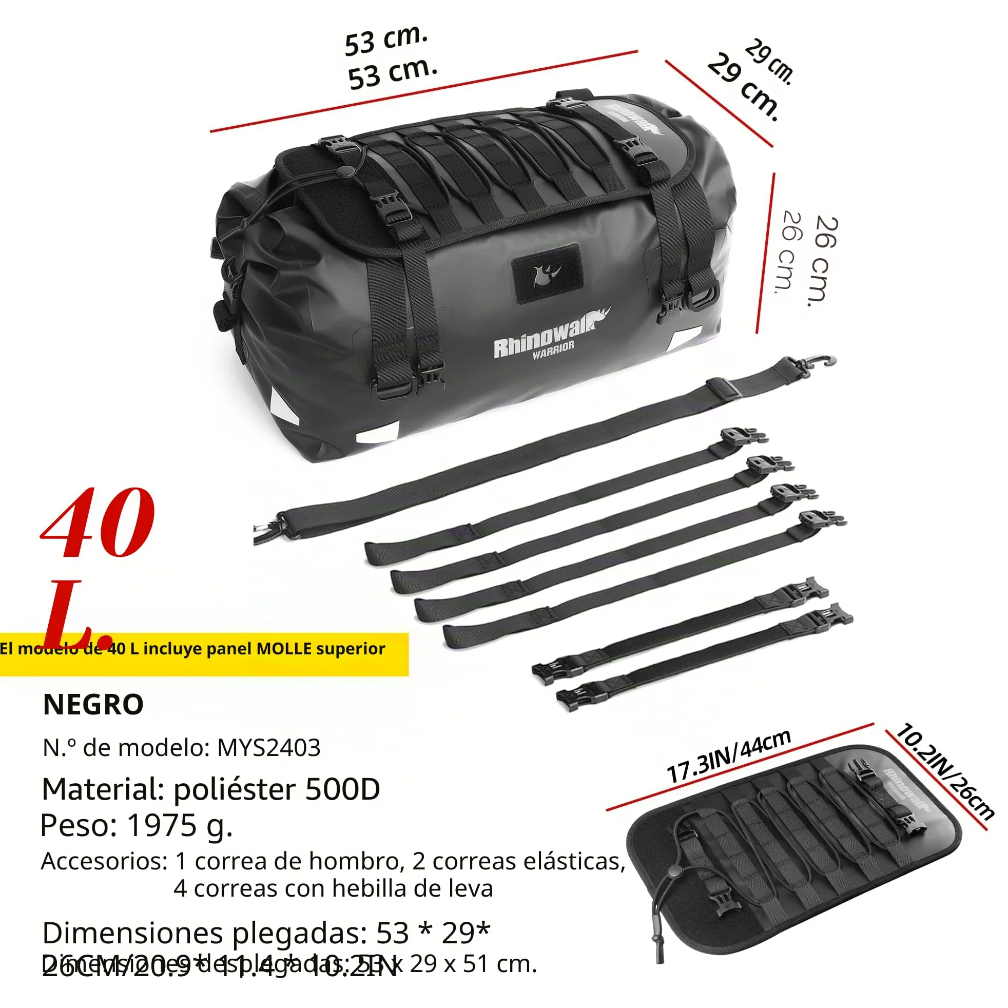 Bolsa trasera para moto Rhinowalk, equipaje de viaje impermeable para motocicleta con gran capacidad de almacenamiento para camping, navegación en bote, ciclismo, 40L - Negro