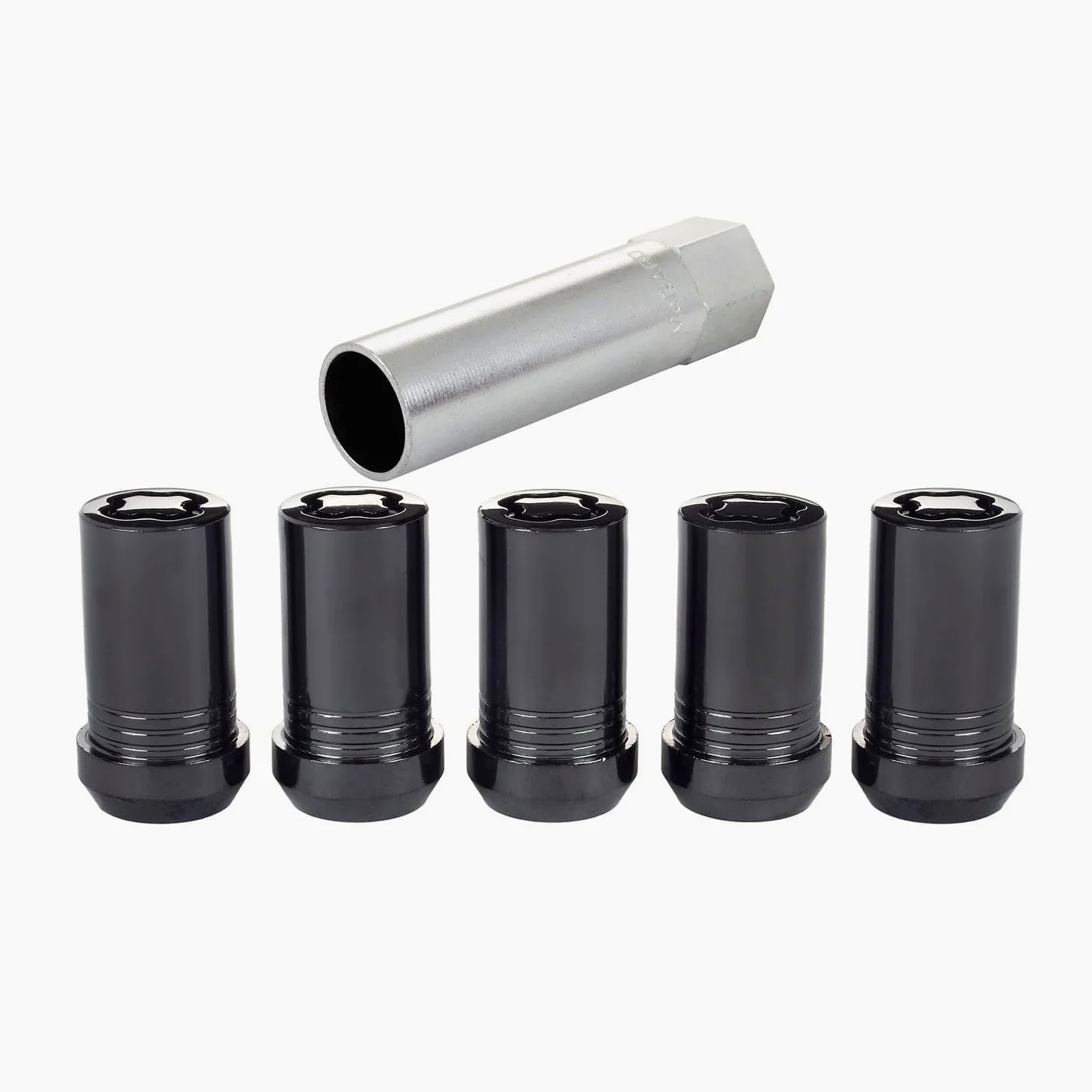 McGard Bloqueo de rueda, Premium, rosca de 14 mm x 1,50, asiento cónico, extremo cerrado, llave incluida, acero, cromo negro, juego de 5 (25515BK)