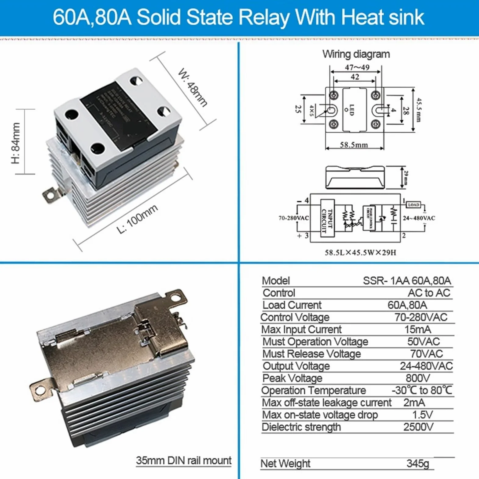 1 Uds AC a AC 10A 25A 40A 60A 80A 100A 120A SSR con disipador de calor relé de estado sólido relé Industrial montado en Riel DIN(AC-AC 60A)