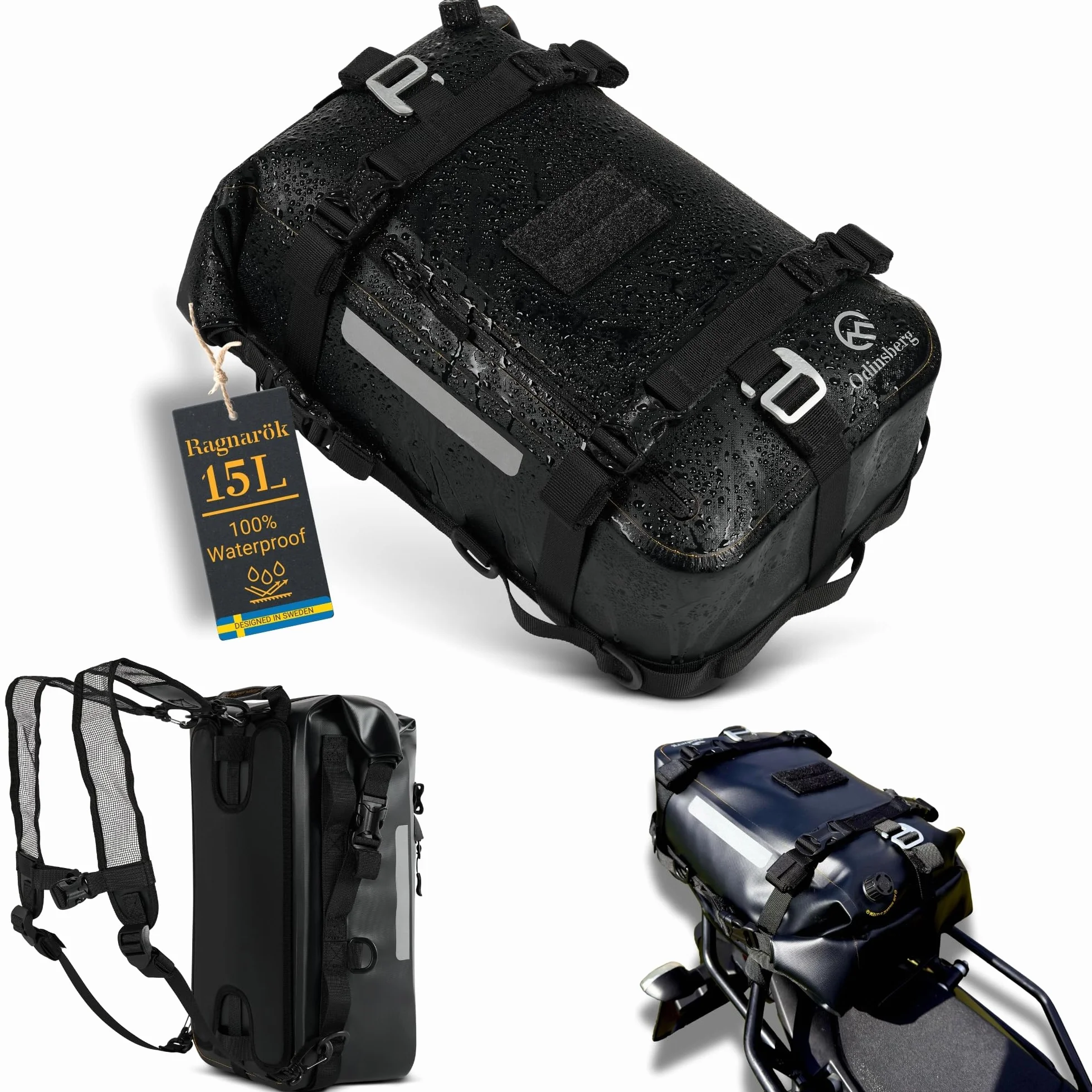 Odinsberg 15L Bolsa Moto Impermeable | Bolsa Estanca Trasera de Colín para Asiento, Barras de Choque y Defensas Laterales | Mochila y Alforja Moto Trail Enduro para Viajes, Equipaje y Aventura
