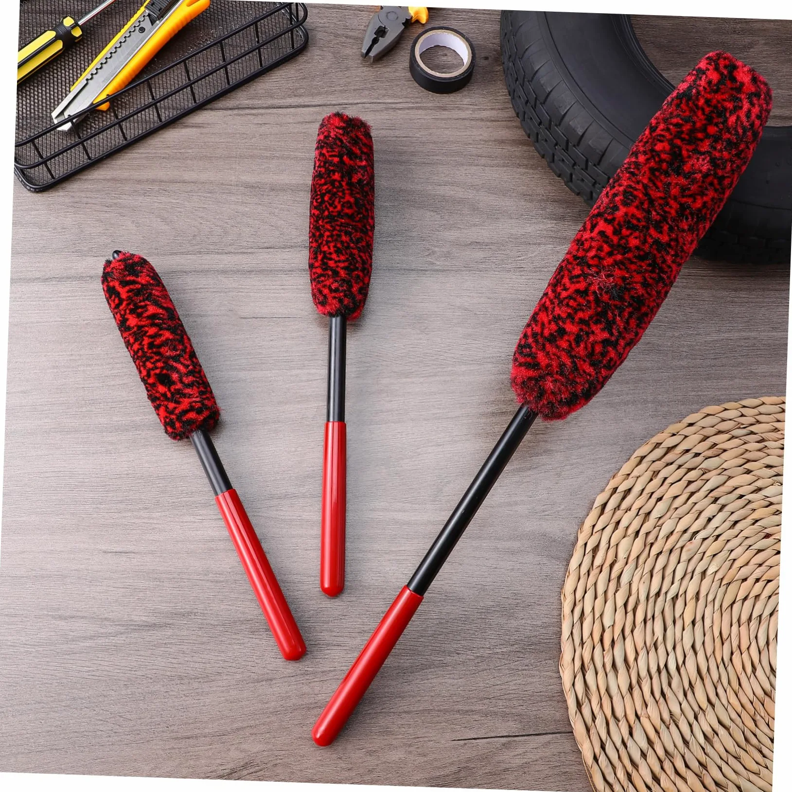 MAGICLULU 3 Series Cepillo De Limpieza De Neumáticos Automóvil Largo Lavar Cepillo para Neumáticos Cepillo De Lavado De Coche Cepillo De Rueda para Detallar Autos Lana Rojo 3 Piezas*3