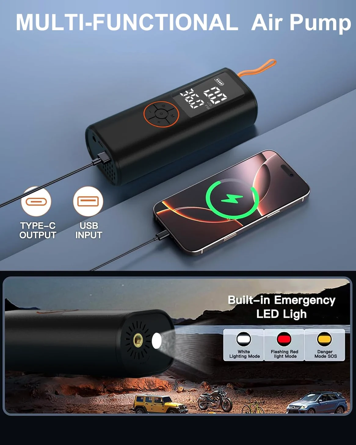 Compresor de aire portátil para inflador de neumáticos, mini bomba de aire inalámbrica de inflado 4 veces más rápido con manómetro digital con medidor de presión digital/luz LED, inflador portátil de