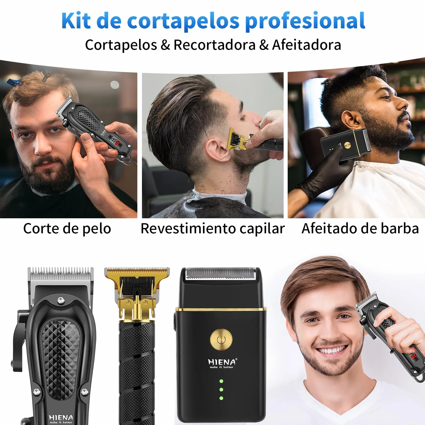 HIENA PRO Maquina de Cortar Pelo Inalámbrico Cortapelos Recortador de Barba Kit Completo 3 Piezas
