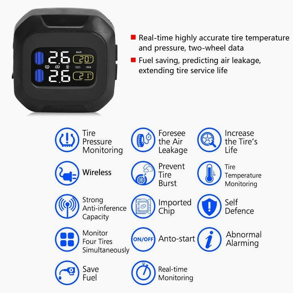 de monitorización de presión de neumáticos TPMS inalámbrico, de monitorización de presión de neumáticos con sensor TPMS inalámbrico de motocicleta con 2 sensores externos