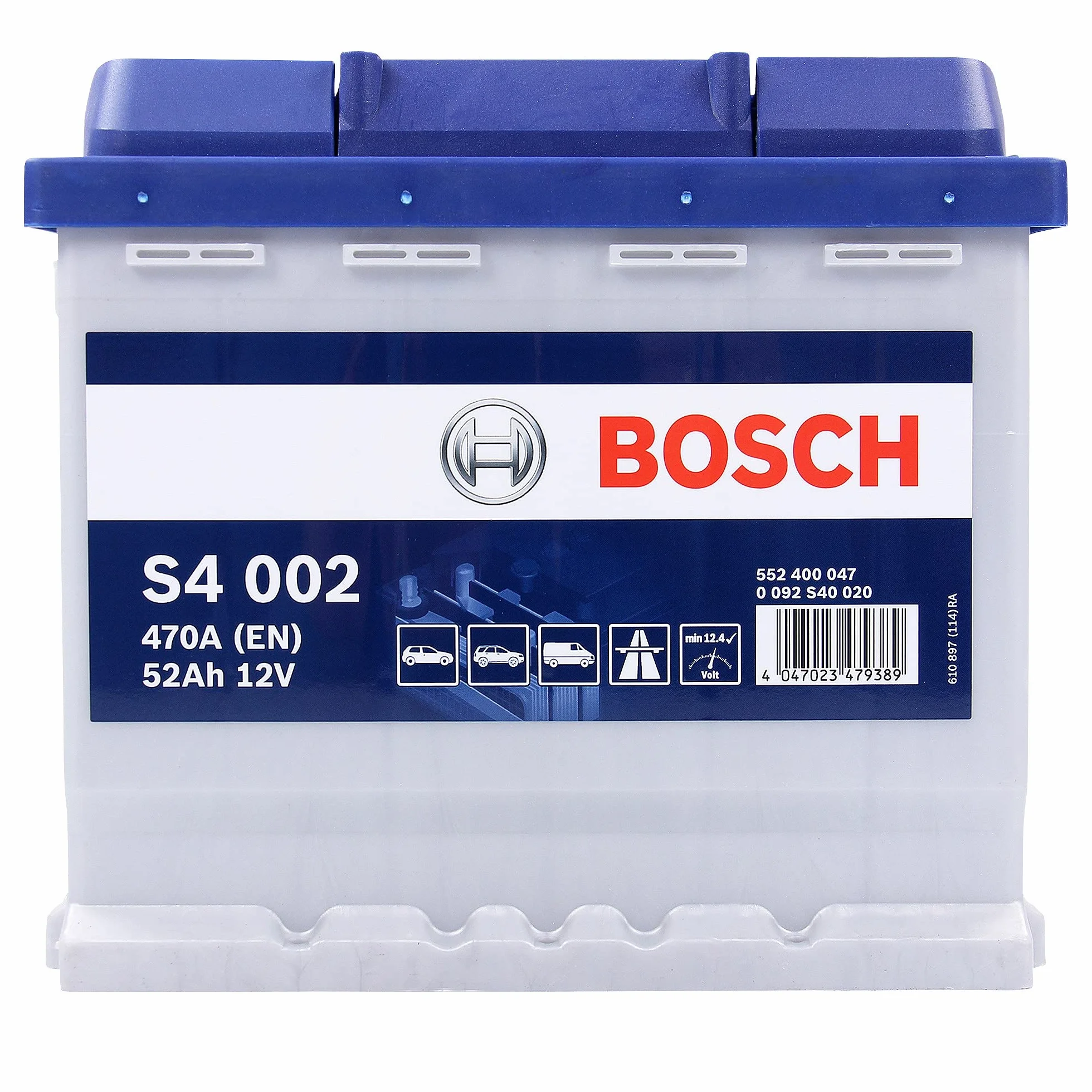 BOSCH Batería 52, Ah 470, A/EN 0 092 S40 020 L 207mm B 175mm H 190mm Compatible con VW Polo V Hatchback 6R1, 6C1 up! Hatchback 121, 122, BL1, BL2, BL3, 123, PEUGEOT 208 I Hatchback CA, CC, TOYOTA