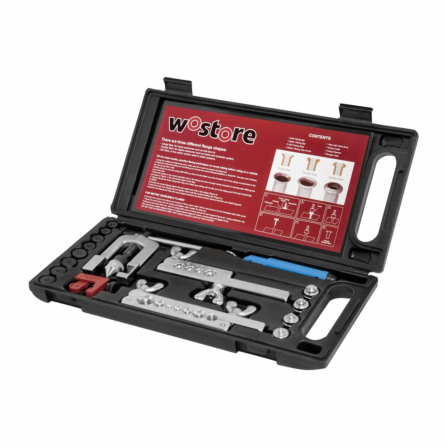 Wostore Kit Profesional de línea de Freno para bengalas Individuales, Dobles (SAE) y bengalas de Burbujas (ISO) con Cortador de Tubos, escariador de Tubo para 3/16-5/8 Pulgadas, 7 tamaños