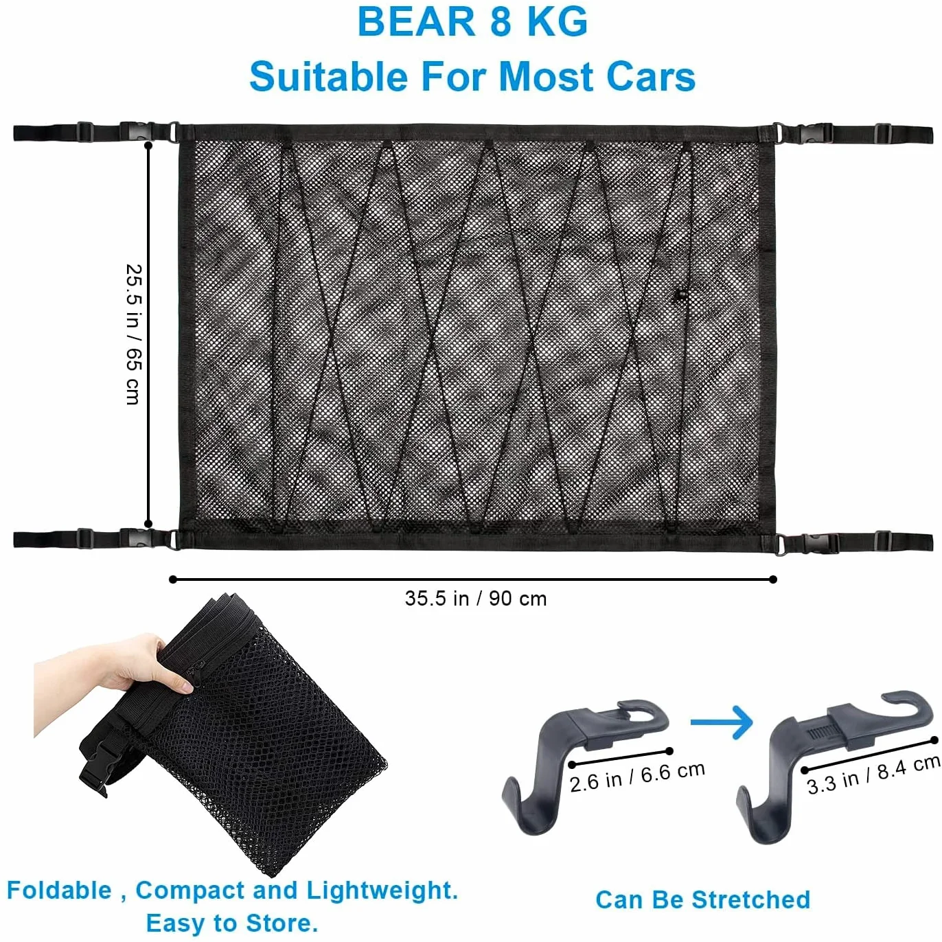 Red Techo Furgoneta Camper,90cmx65cm Organizador Bolsa de Red de Carga con Cremallera, Red Elastica con 2 Ganchos Ajustables, Almacenamiento de Viaje Largo para Jeep Van SUV