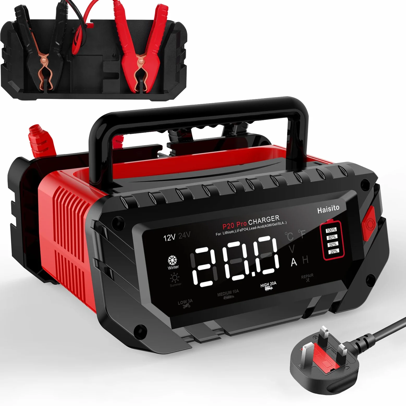 Haisito Cargador de batería de coche P20Pro, 12V 24V 20A, cargador rápido inteligente, cargador de vórtice para LiFePO4 de iones de litio, baterías de plomo-ácido (AGM, GEL, EFB, MF, etc.) barcos