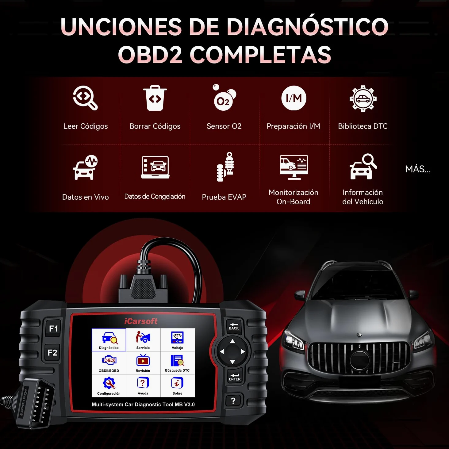 iCarsoft MB V3.0 OBD2 Máquina Diagnosis Coche para Ben.z/Sprinter/Smart, Escáner de Todo el Sistema, 35 Funciones Reinicio, Prueba Bidireccional, Vin Automático, con Adaptador Ben.z 38 Pines