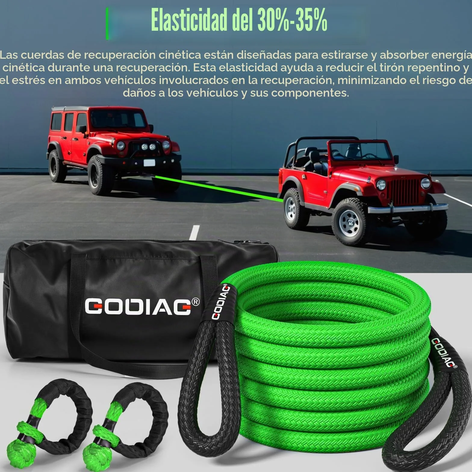 GODIAG Cuerda de Remolque para Coche Correa para Remolcar Vehículos con 2 Grilletes Suaves 1 par de Guantes de Algodón y Bolsa de Almacenamiento Cuerda de Recuperación para Coches Jeep Camión SUV, 9M
