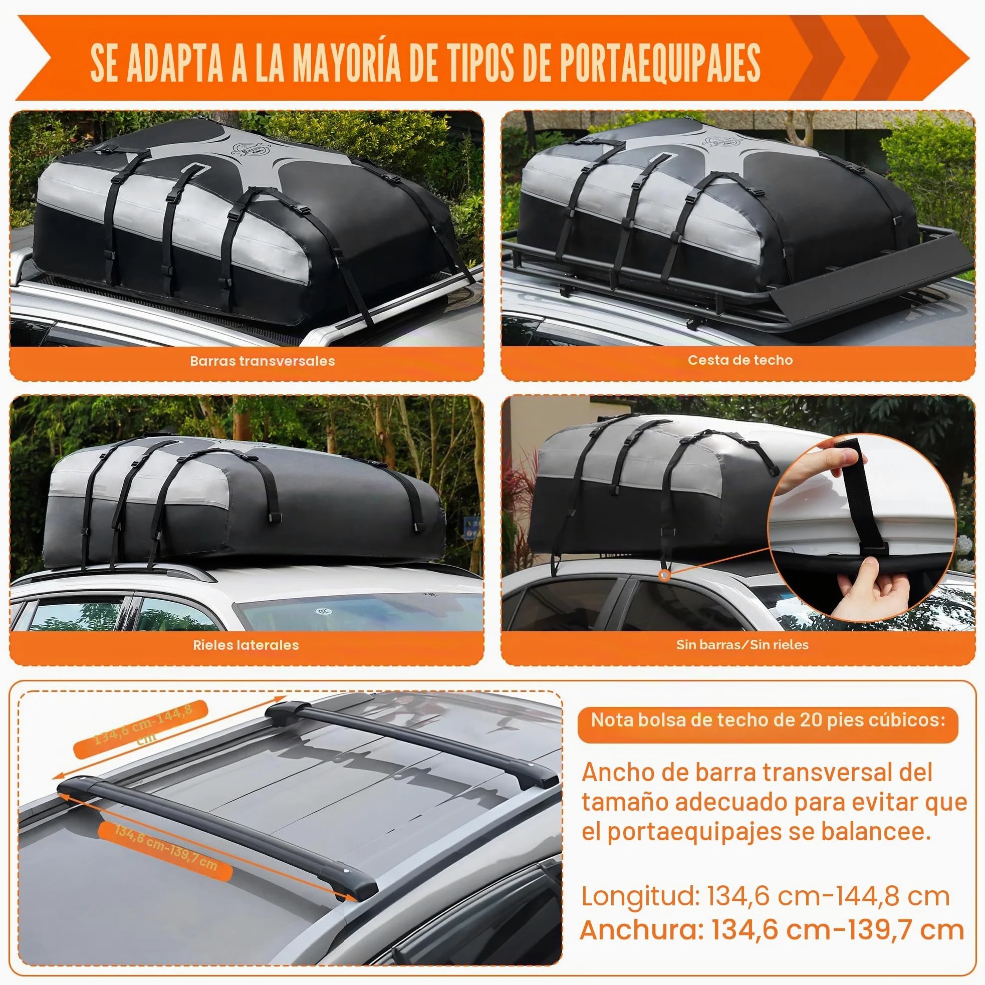 Sailnovo Cofre de Techo 580 L/20 cúbicos, Impermeable Bolsa de Techo, con 6 Ganchos con Alfombrilla Antideslizante Cerrar para Puerta, Apto para Coches sin Portaequipajes (Gris-Negro)