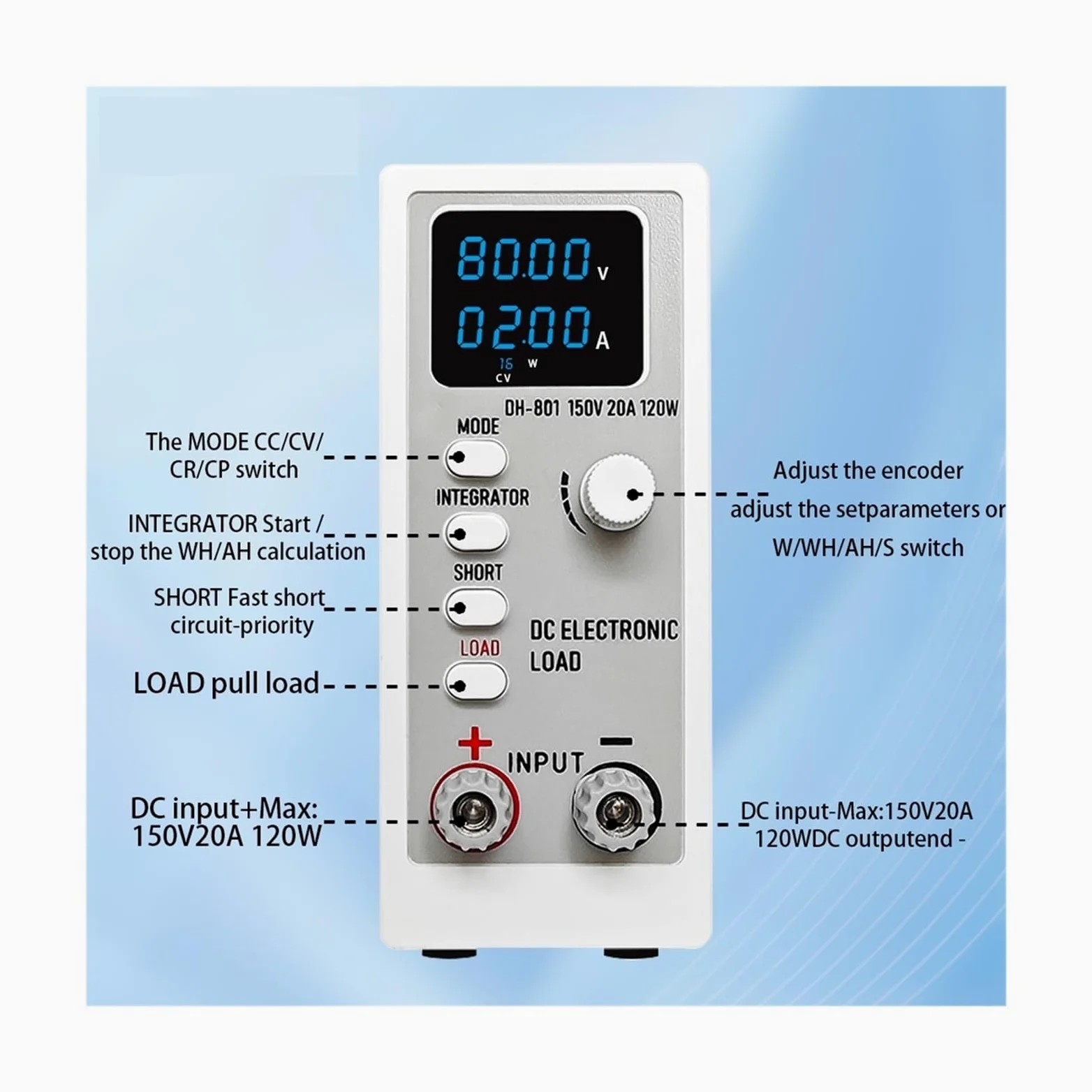 Probador de batería, Comprobador digital de capacidad batería CC con canal carga electrónica 120 W, 150 V y 20 A