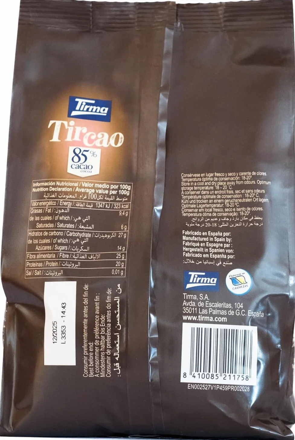 Tirma TirCao 85% Cacao Soluble 350 g Cacao en Polvo Intenso Sin Gluten Apto para Veganos