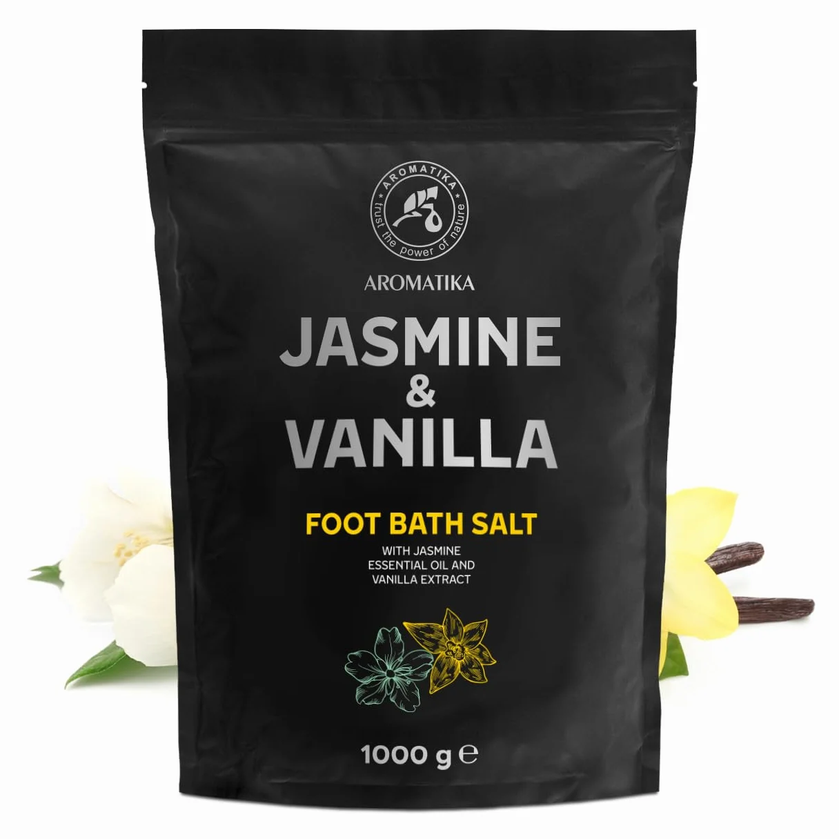Sal de Baño para Pies Jazmín Vainilla 1000g Sal Marina Natural con Aceite Esencial de Jazmín y Extracto de Vainilla Cuidado de Pies