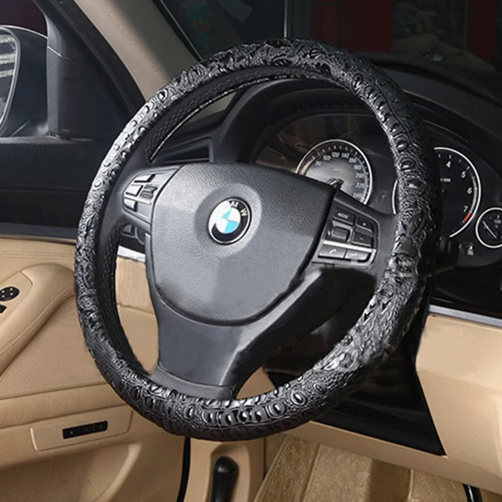 Comfort - Funda de Cuero para Volante de automóvil, Agarre Antideslizante, 15 Pulgadas, cocodrilo Negro con Grano Rosa