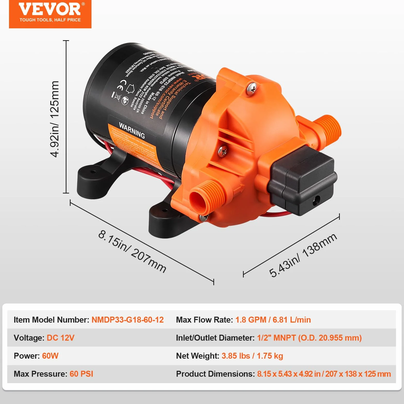 VEVOR Bomba de Diafragma 12 V 6,81 L/min Bomba de Agua de 3 Cámaras con Interruptor de Presión Automático Ajustable de 40 a 100 PSI, 60 PSI, Puerto MNPT de 12,7 mm para Camión de Comida, Autocaravana