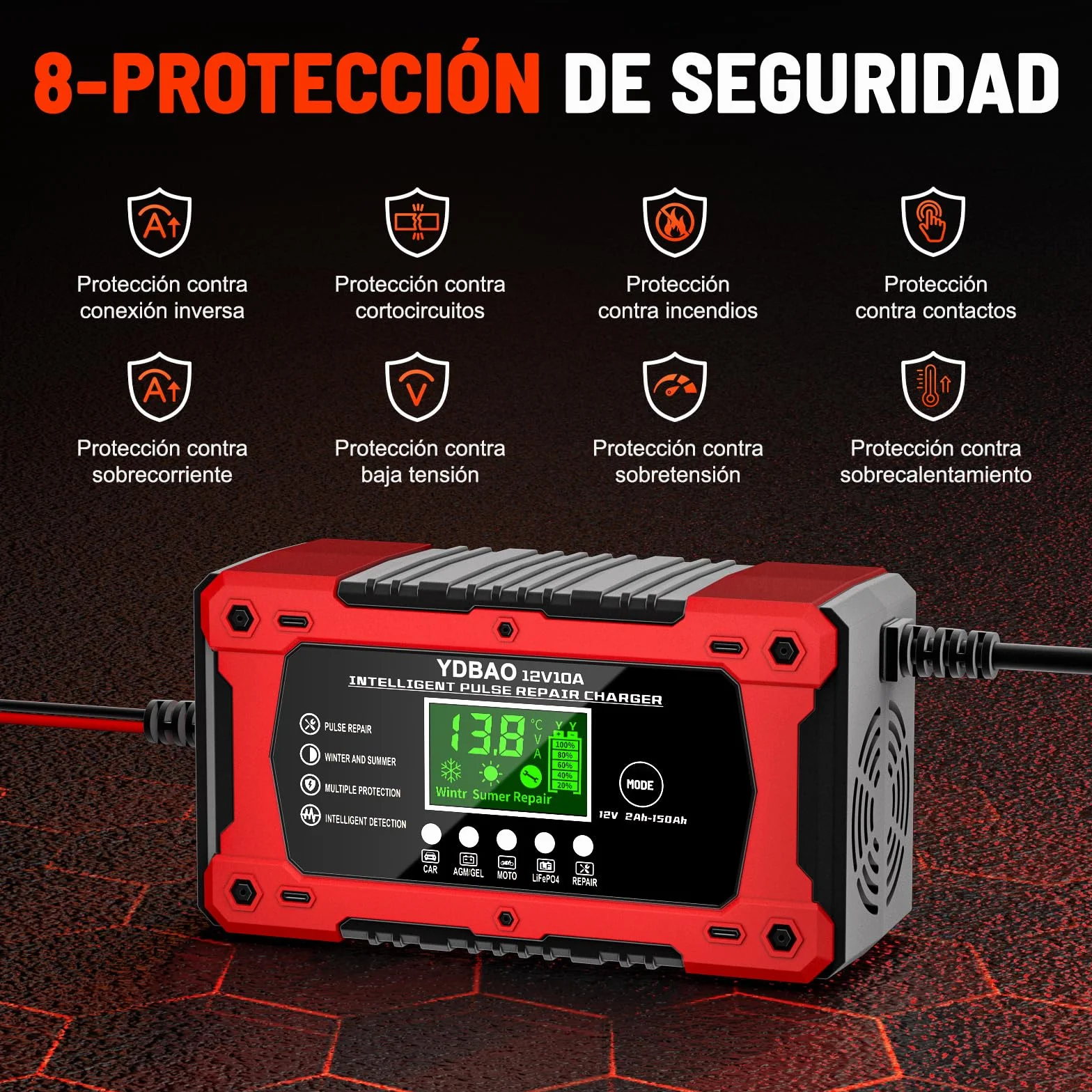 YDBAO Cargador de Batería de Coche 12V 10A Cargador Baterias Coche y Moto Inteligente con Reparación y Múltiples Protecciones y Pantalla LCD Cargador bateria para Auto,Moto, Camión, AGM, Gel,SLA