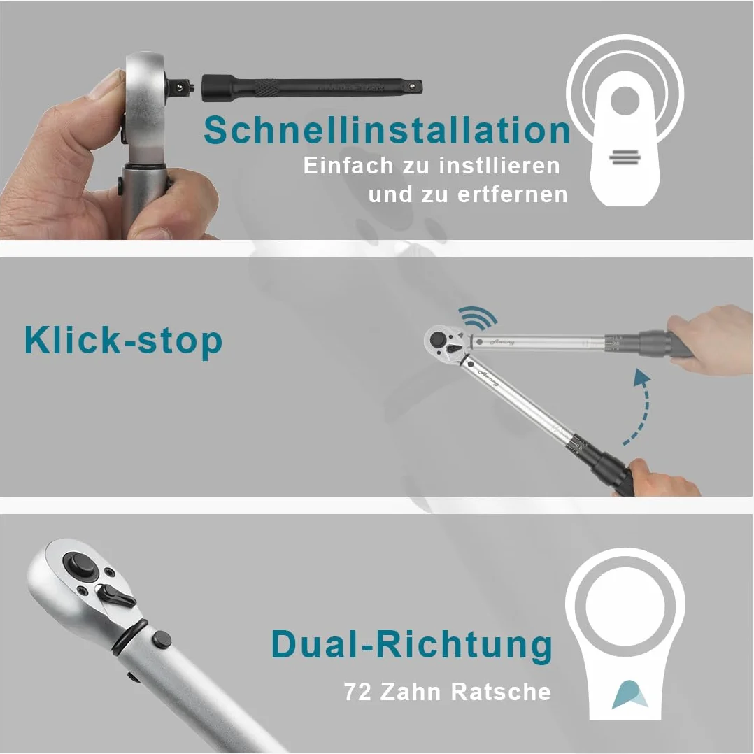 Awang Juego de llaves de torque 1/2”, 25-220 Nm con adaptador, extensión y maletín, preciso y fácil de usar para automóvil y motocicleta