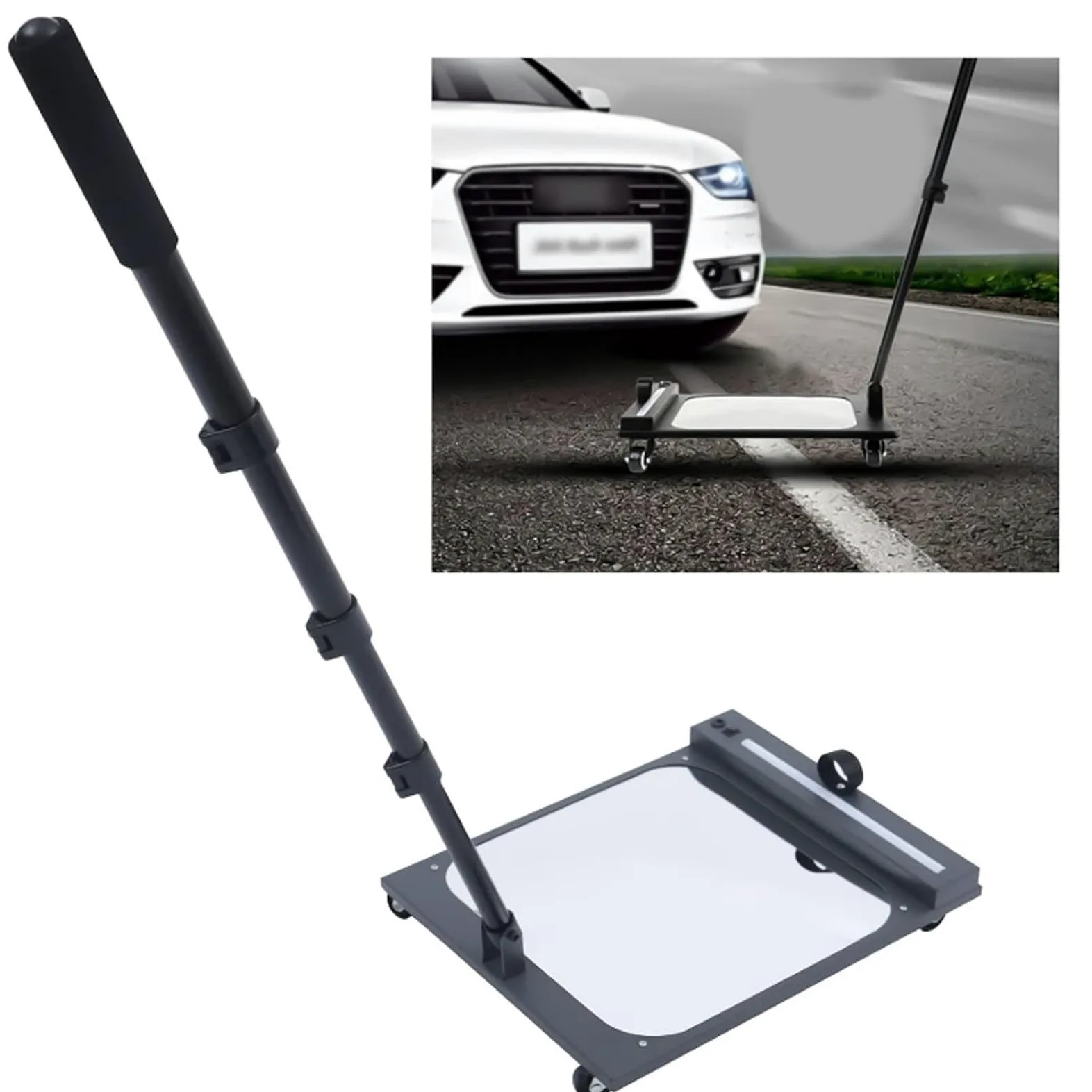 Espejo de inspección de vehículos, espejo de inspección bajo el vehículo, espejo de inspección telescópico con ruedas e iluminación LED, espejo de inspección giratorio y extensible para control de s