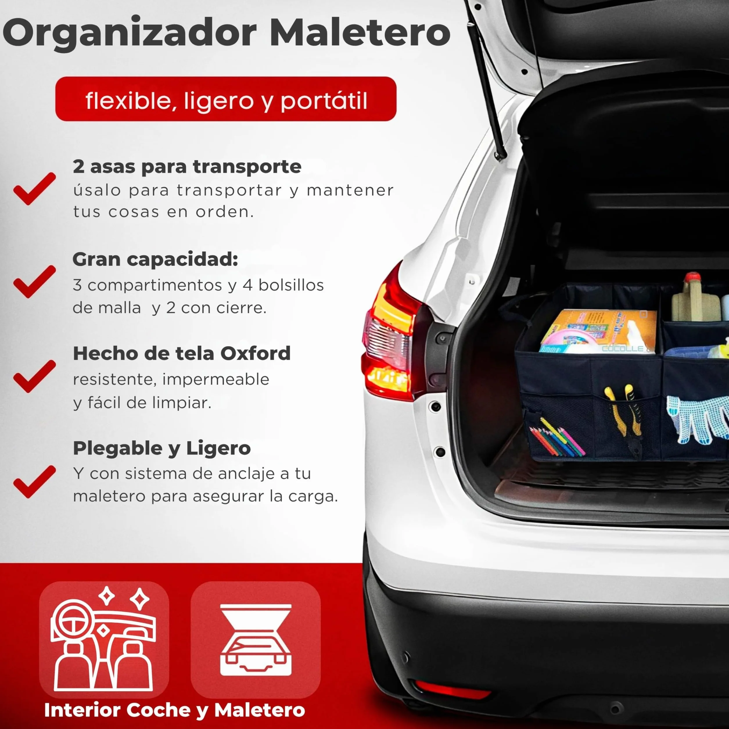 Organizador Maletero Coche Plegable - Flexible - Impermeable | 3 Compartimentos y 6 Bolsillos │ Asas Reforzadas │ Tamaño Adecuado para Coche, SUV o Furgoneta │ Mantén el Maletero Ordenado