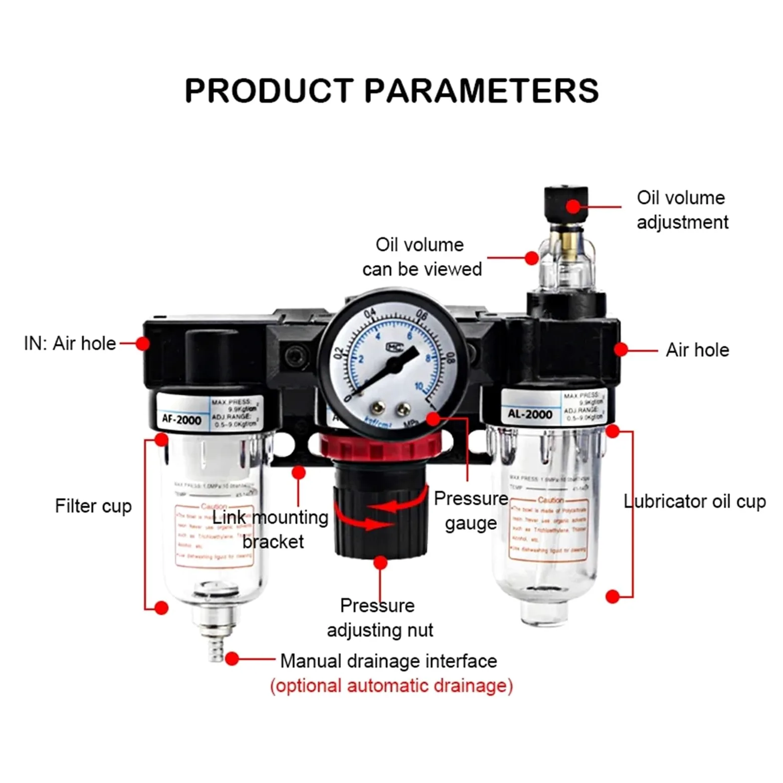 AC2000-2.25 pulgadas regulador de presión medidor compresor de aire filtro separador de humedad aceite para deshumidificador de agua (accesorios de 8 mm)