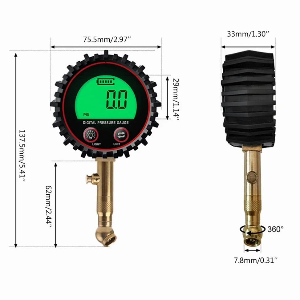AGAATI Manómetro Digital para neumáticos, Mandril de Aire y Accesorios para compresores, Pantalla LCD, Foco LED Resistente, 255PSI