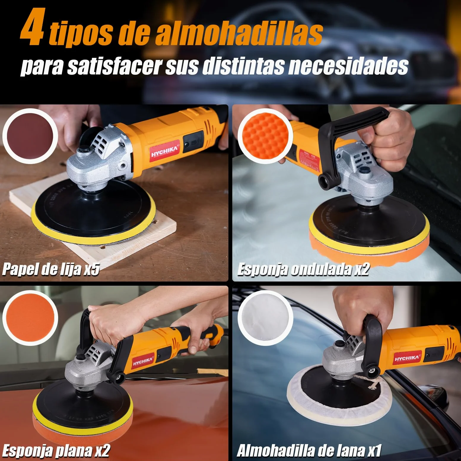 HYCHIKA Pulidora Coche 1580W, Pulidora Rotativa Con 6 Velocidades Control Variable, Pulidora Con Motor de Cobre Puro, con Almohadilla de Pulido de 180 mm, Kit Pulido Coche