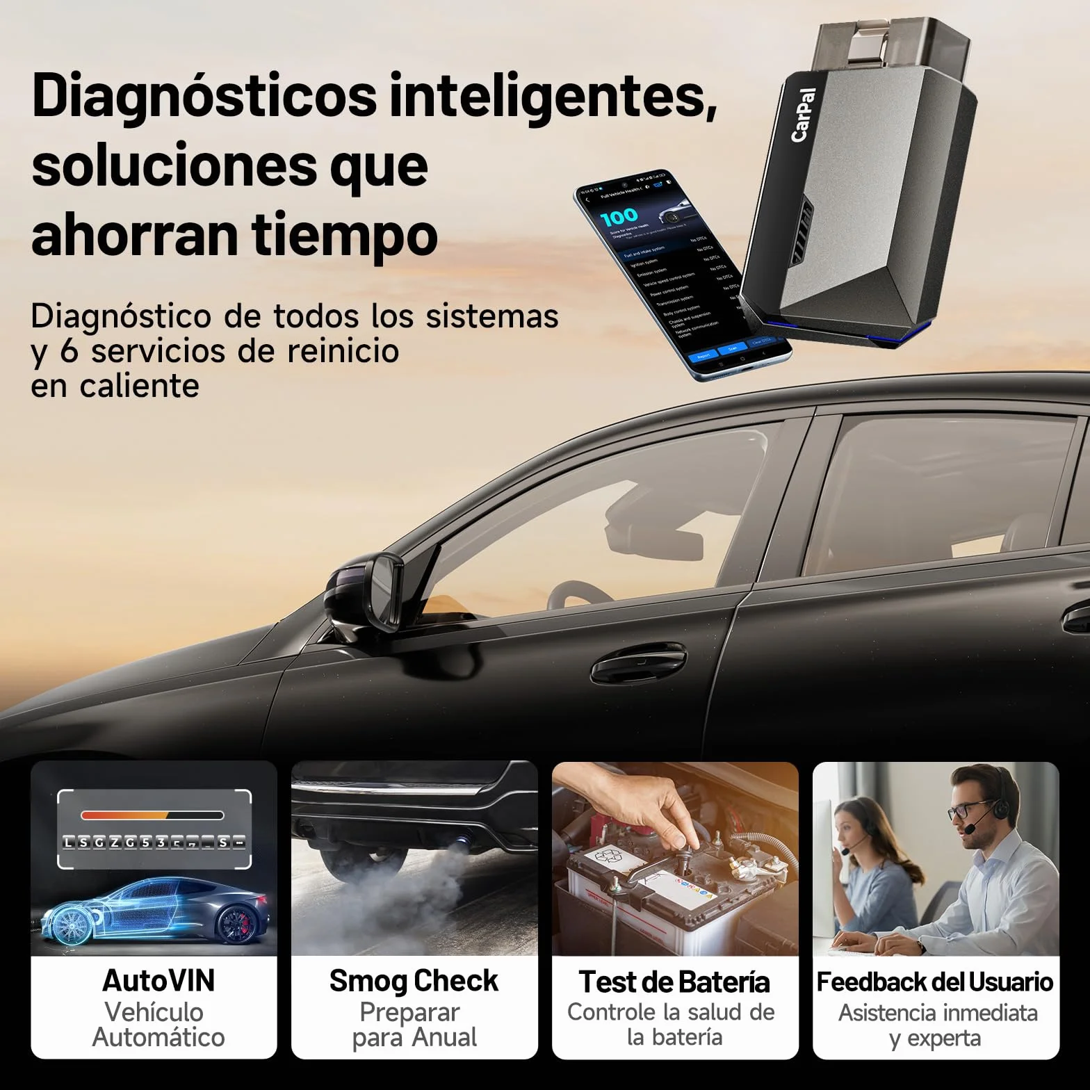TOPDON Carpal-A OBD2 Diagnosis, Bluetooth Diagnosis Coche Multimarca,Diagnóstico de Todos los Sistemas, 6 Servicios Reset, AutoVIN, Smog Check, Guía de Reparación, Inspección del Motor