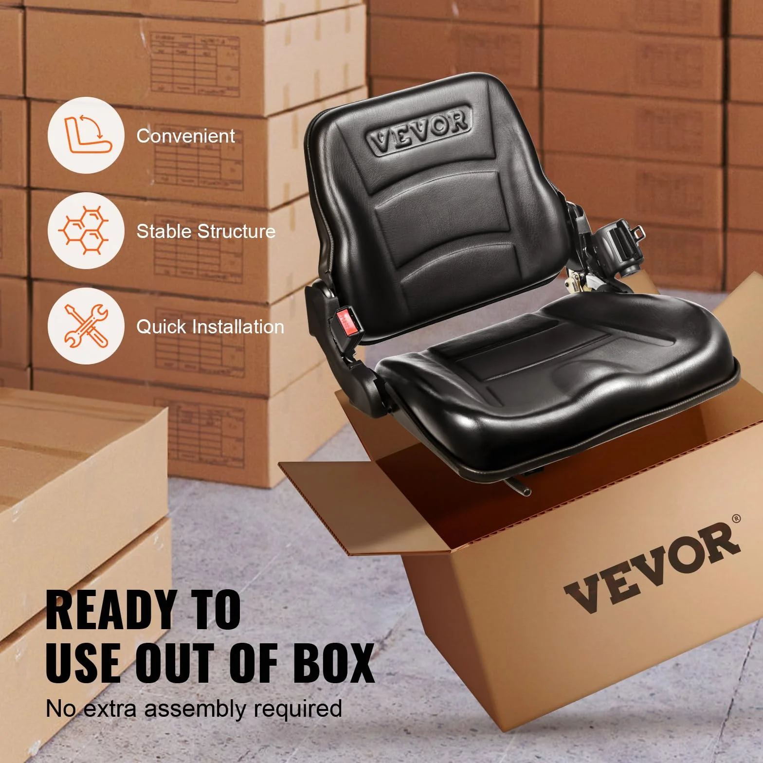 VEVOR Asiento Universal para Carretilla Elevadora, Plegable con Respaldo Ajustable y Cinturón Retráctil, 6 Ranuras