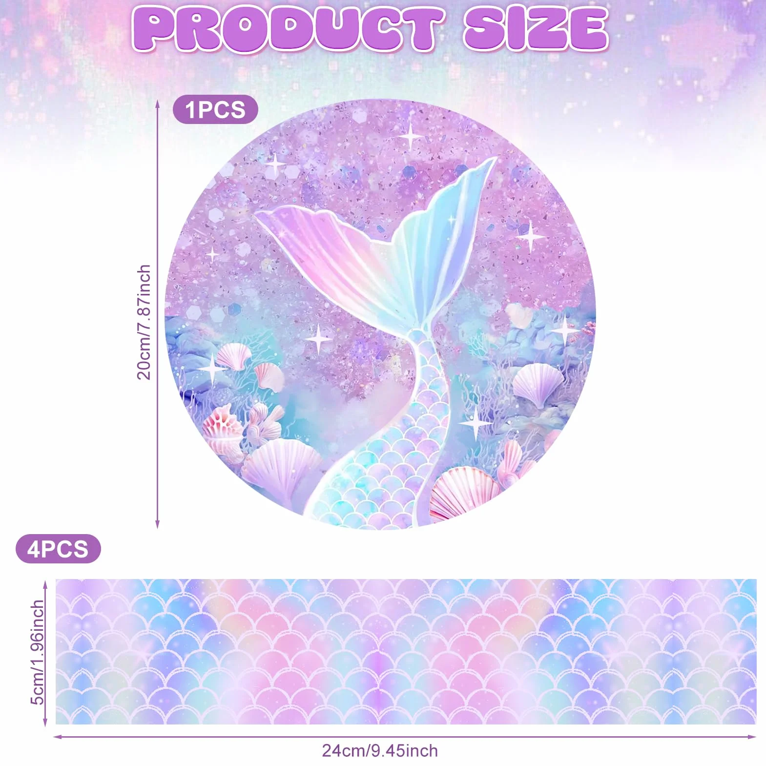 Decoración para Tartas de Sirena, Oblea Sirenita, Papel Comestible, Cinta 24cm x 5cm, Fiestas Cumpleaños Morado