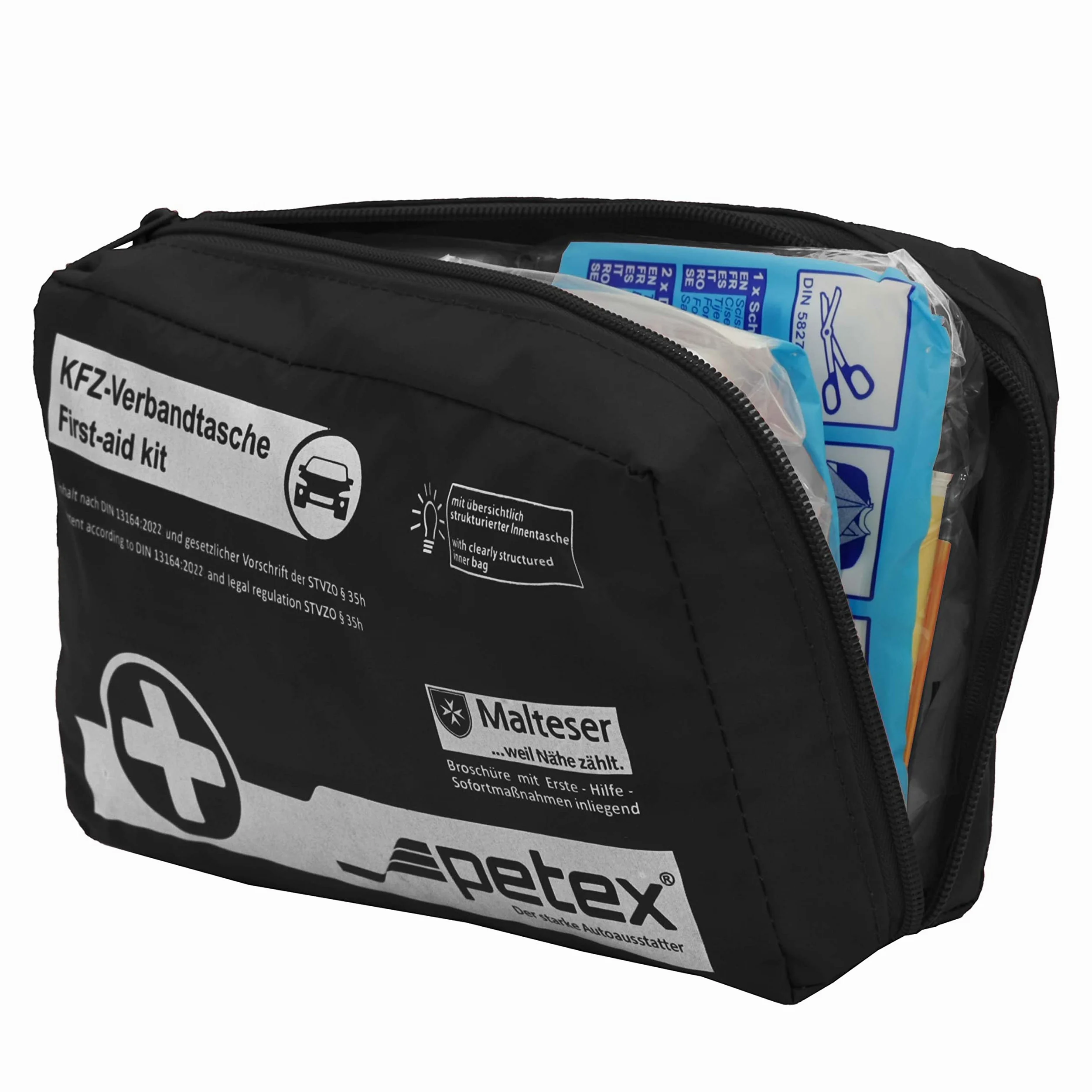Petex 43930004 Kit de Primeros Auxilios Contenido según DIN 13164, Negro