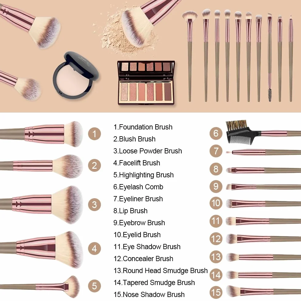 Vicloon Set de Brochas de Maquillaje 15 Piezas Profesional con Soplos de Polvo Marrón