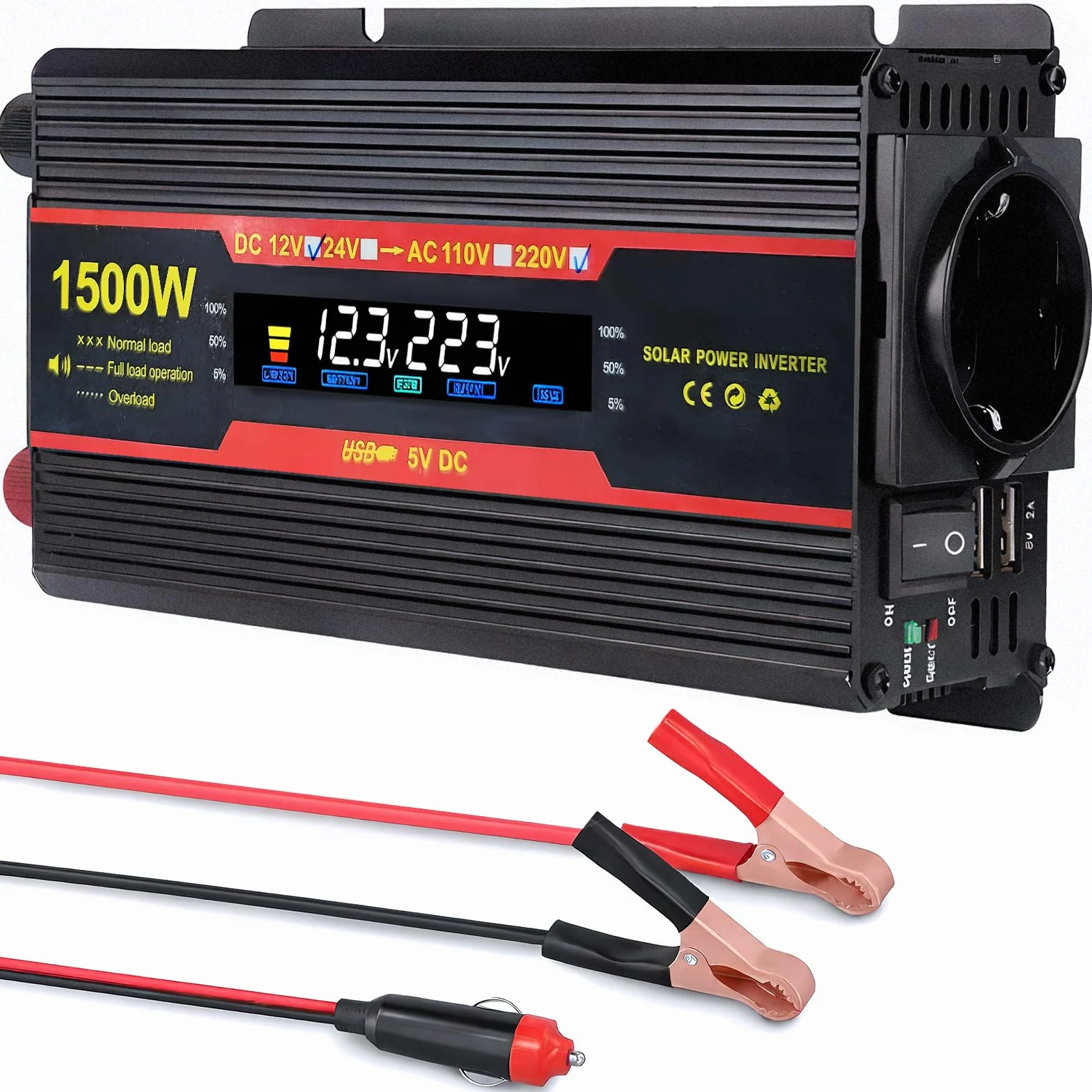1500W Convertidor 12V 220V Transformador 12V A 220V Convertidor De Corriente, 1 Toma De Corriente Y 2 Puertos USB para AutomóViles, VehíCulos, Caravanas, Camiones