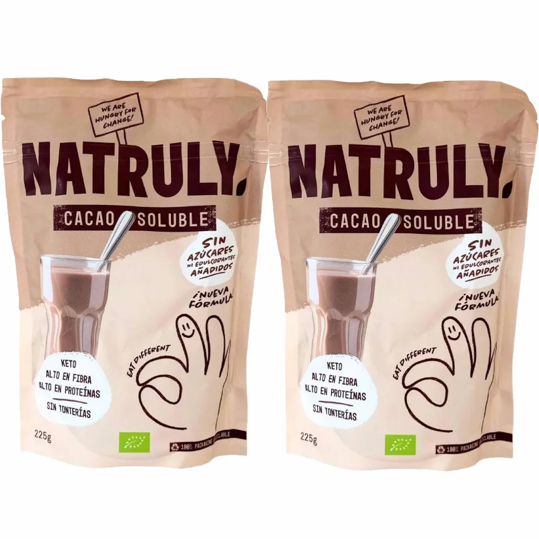 Natruly Cacao Soluble con Proteína 225 g Pack 2 x 225 g (450 g total) – Cacao instantáneo con proteína, sabor chocolate suave
