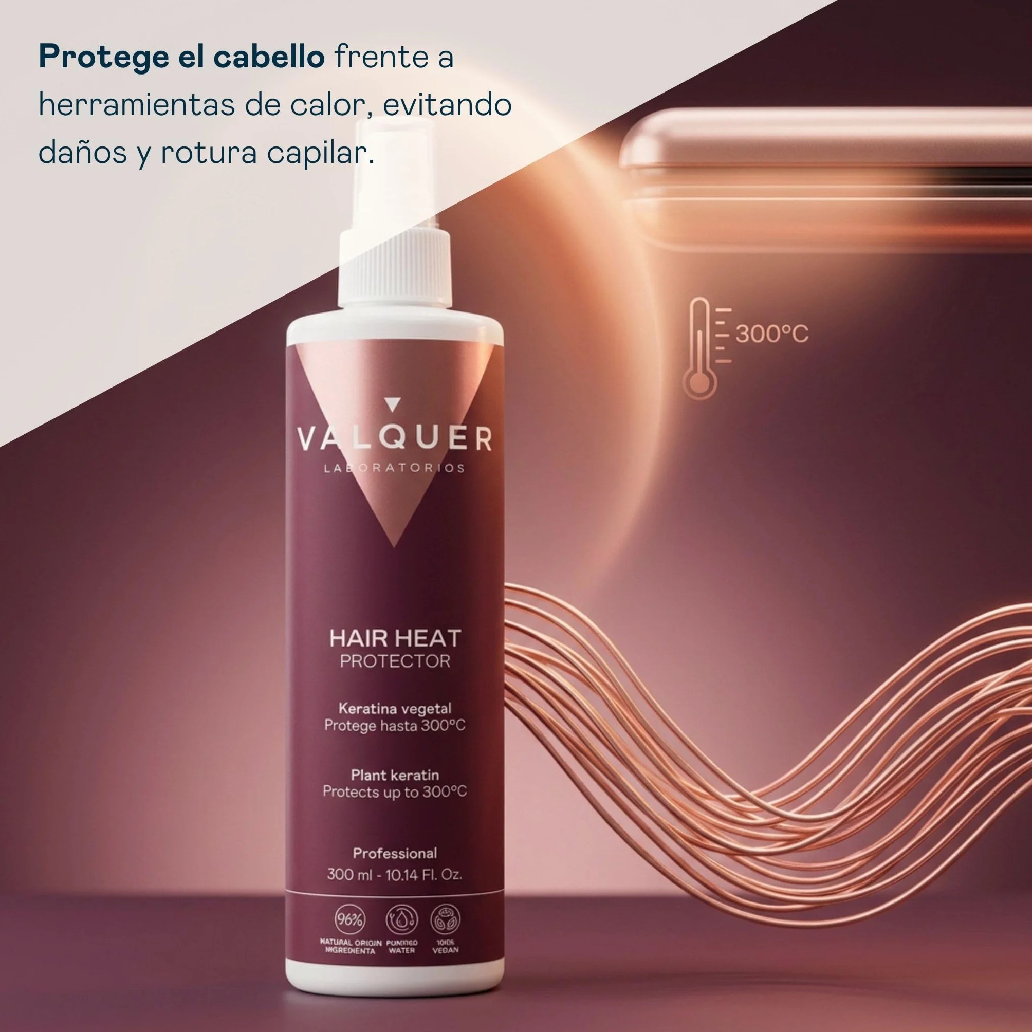 VALQUER Protector Térmico Capilar en Spray 300 ml Protege del Calor Keratina Vegano