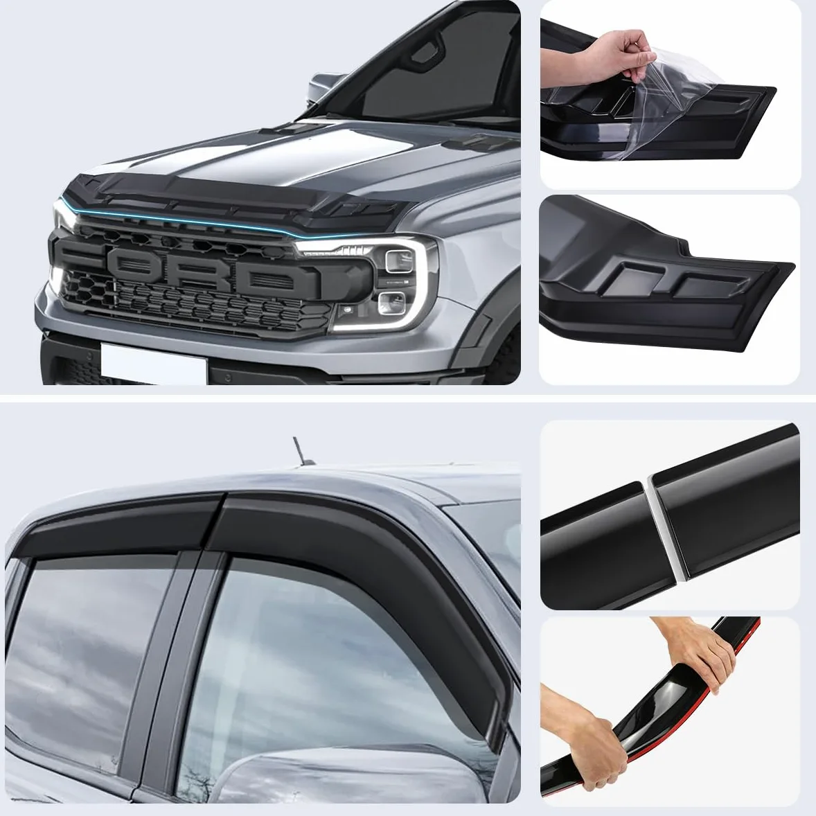 Protectores de capó y Deflectores de Viento Accesorios para Ford Ranger 2023-2024-2025 T9 Raptor Wildtrak Platinum XL XLT Limited Tremor Wildtrak X