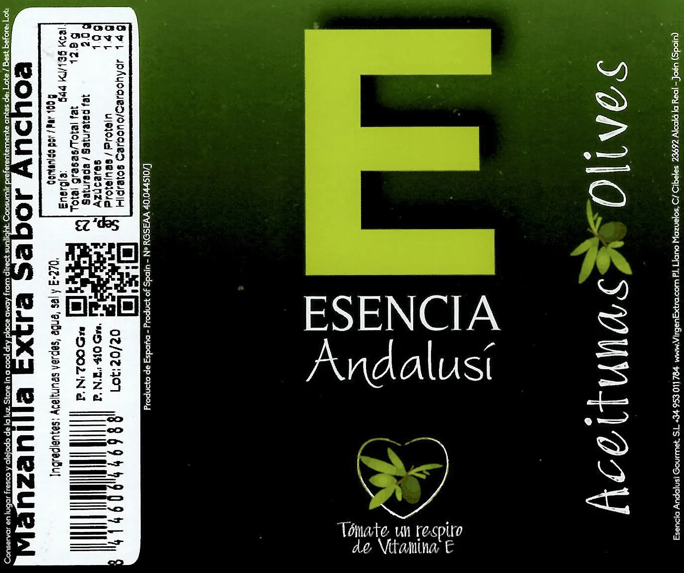 Aceitunas Manzanilla Extra con hueso Sabor Anchoa Esencia Andalusí Gourmet 700g (3 unidades)